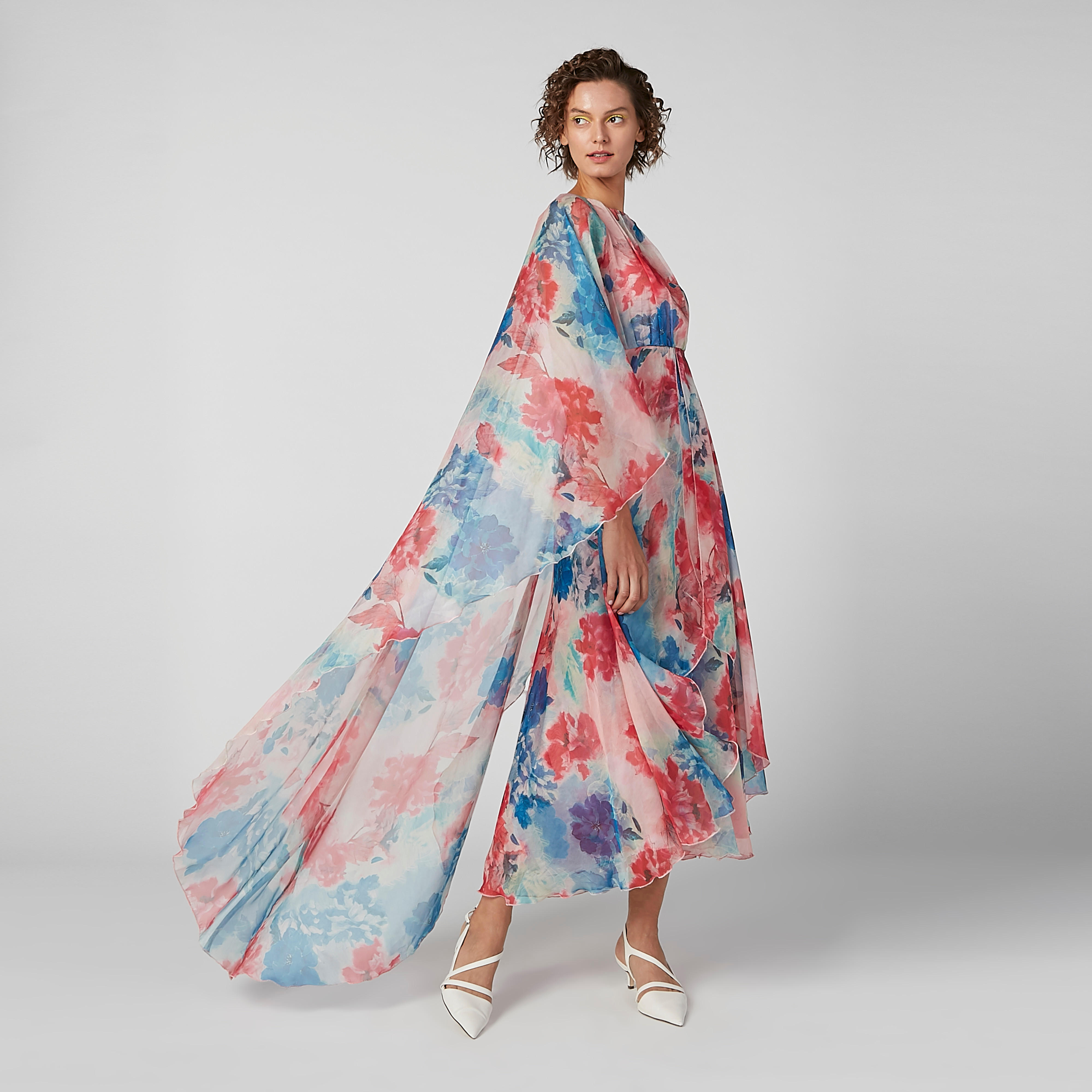 Floral Printed A-line Dress with Asymmetric Hem and Cape-women-clothing-dresses-image-1