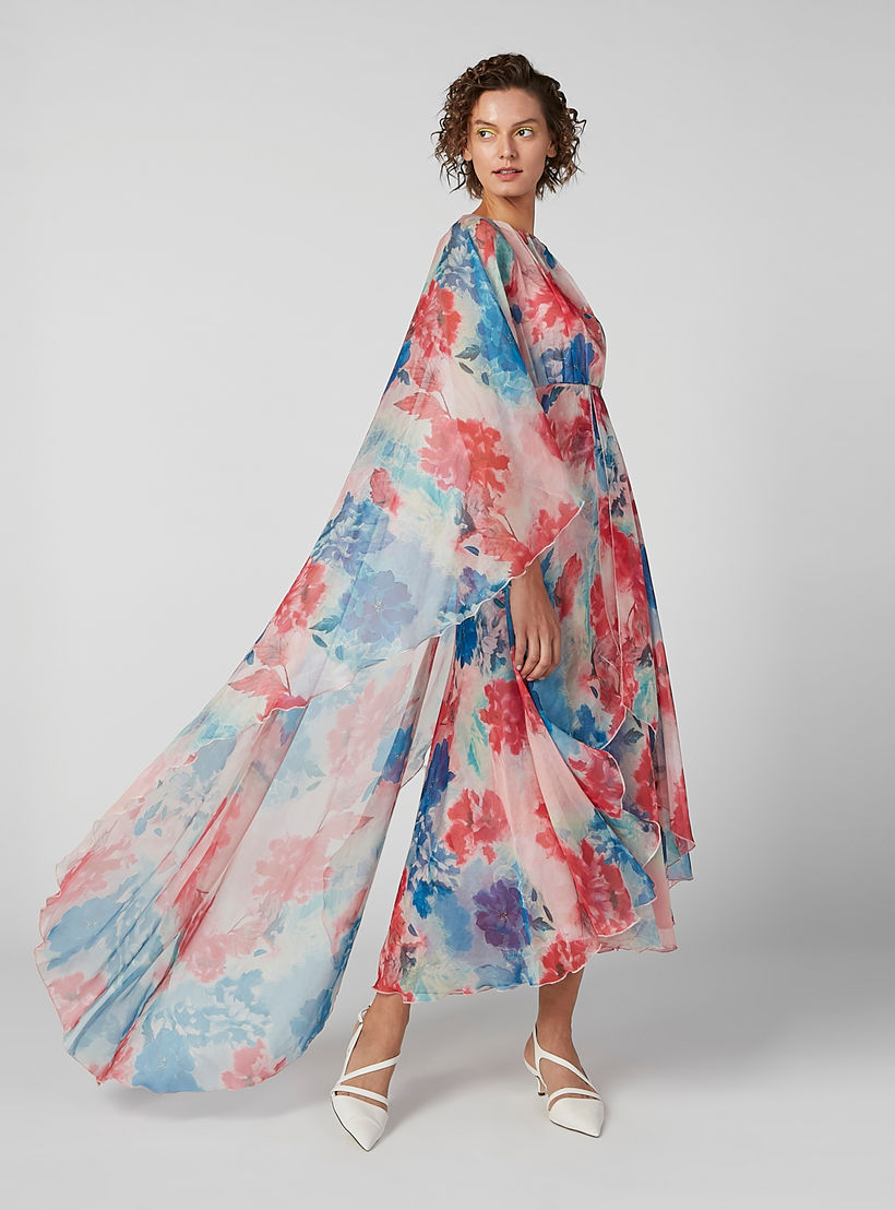 Floral Printed A-line Dress with Asymmetric Hem and Cape-women-clothing-dresses-image-1