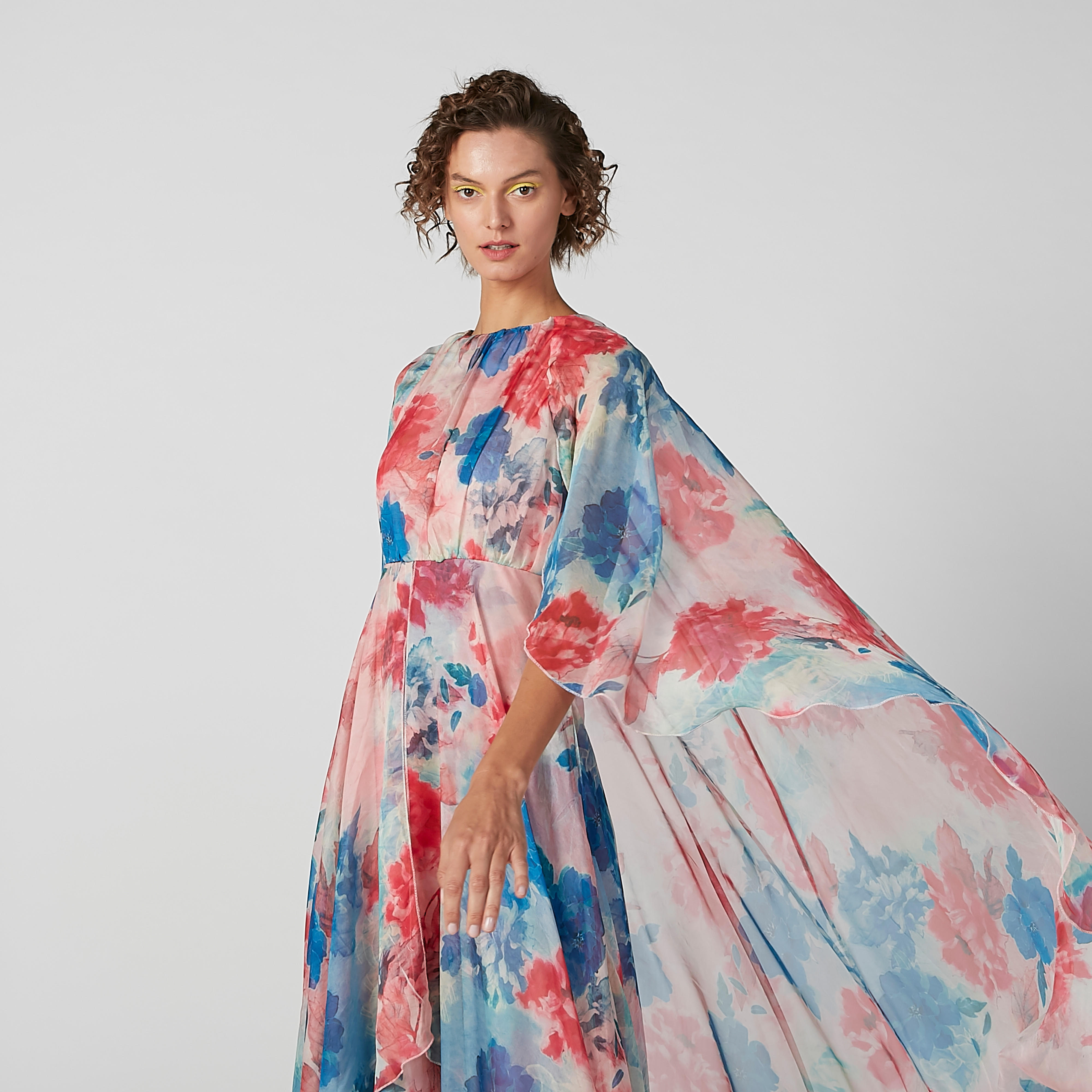 Floral Printed A-line Dress with Asymmetric Hem and Cape-women-clothing-dresses-image-2