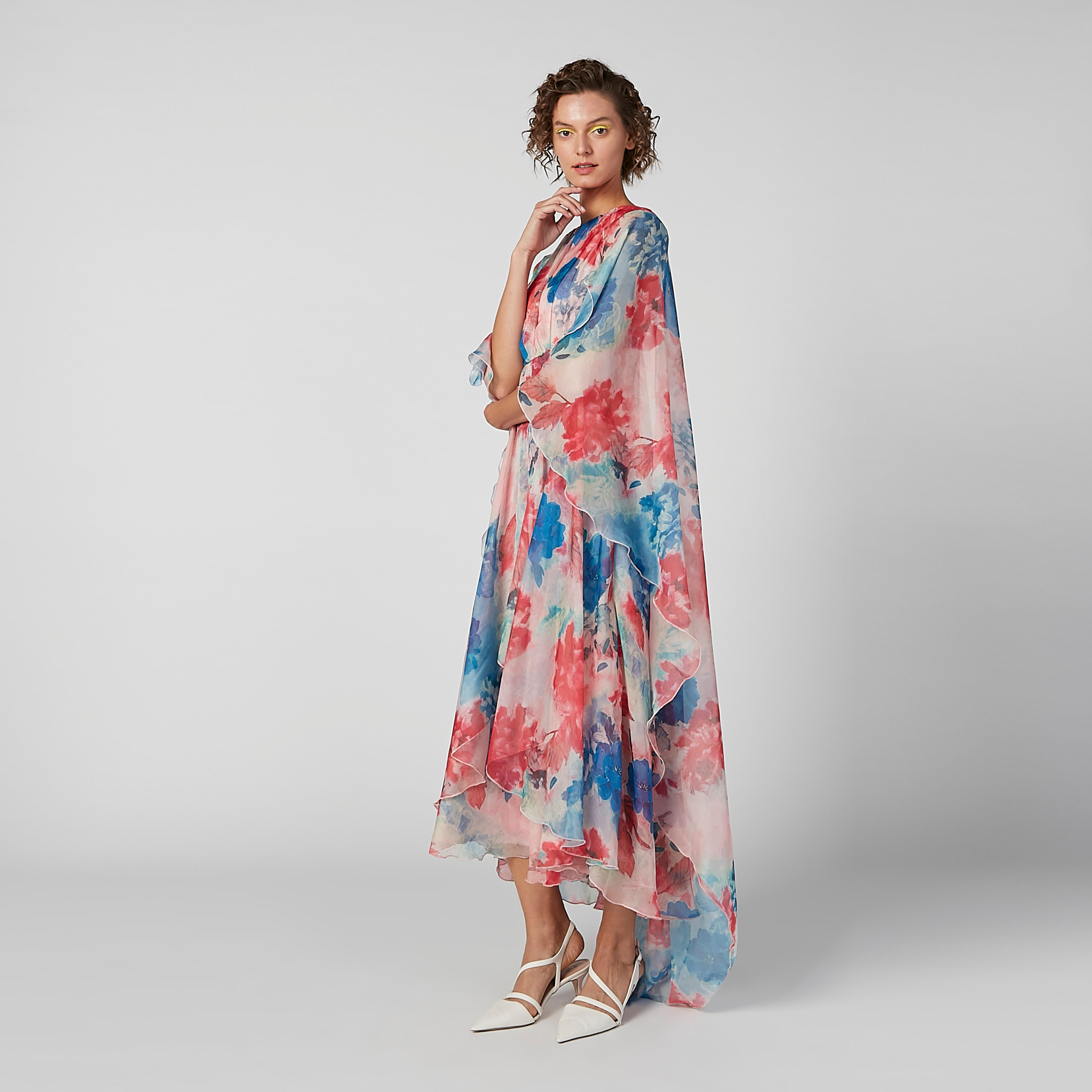 Floral Printed A-line Dress with Asymmetric Hem and Cape-women-clothing-dresses-image-3