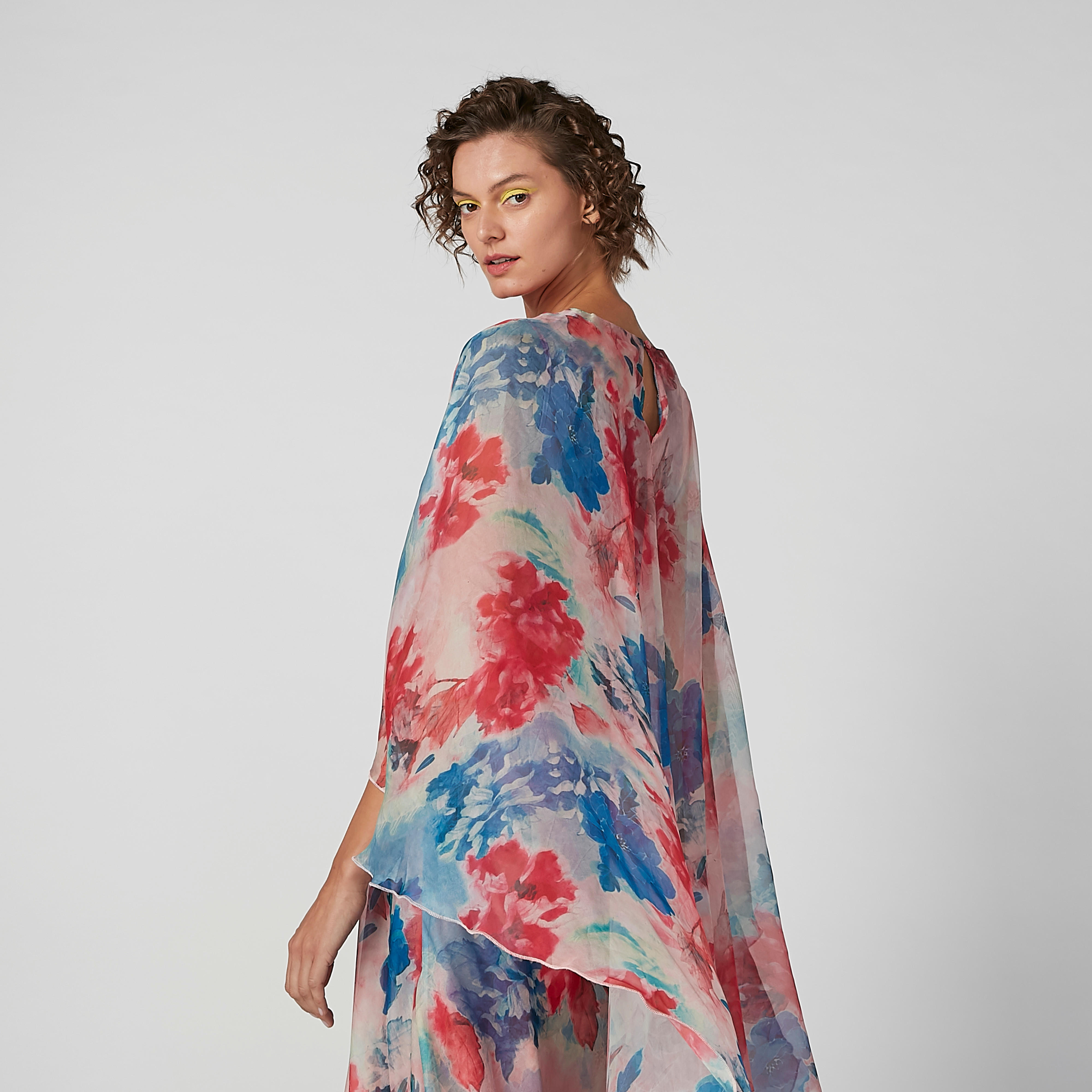 Floral Printed A-line Dress with Asymmetric Hem and Cape-women-clothing-dresses-image-4