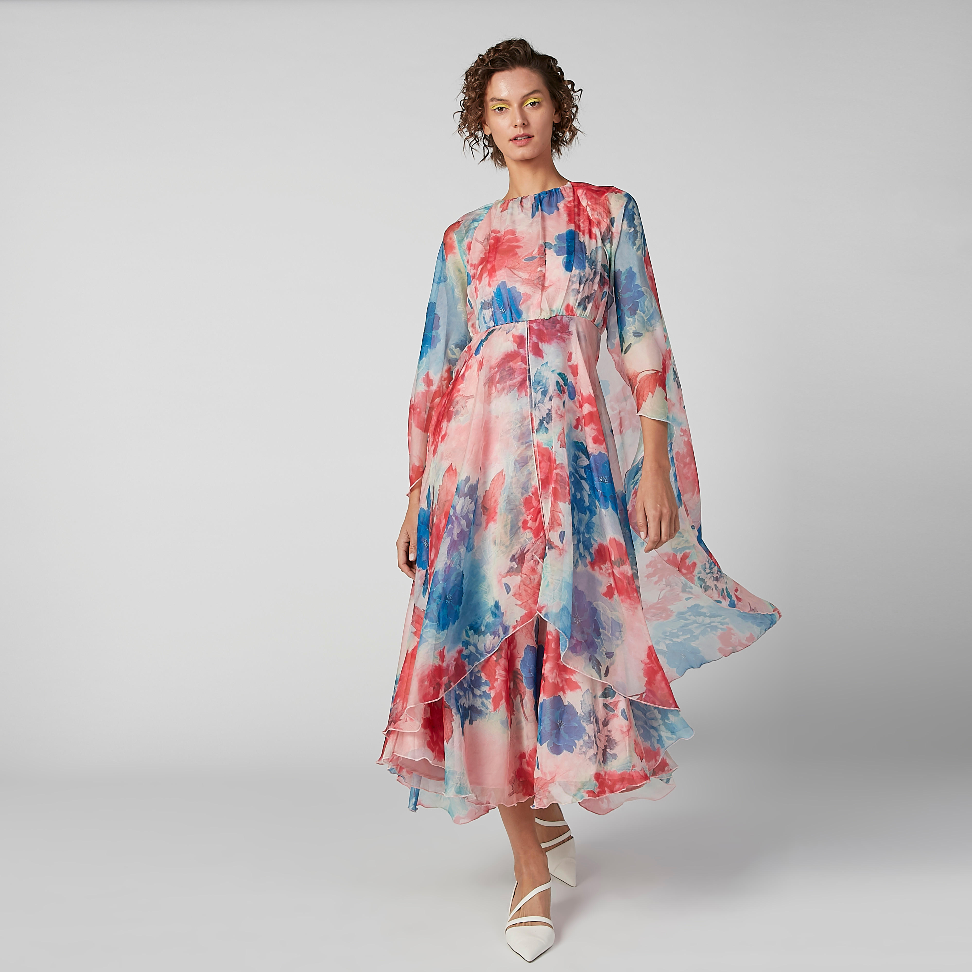 Floral Printed A-line Dress with Asymmetric Hem and Cape-women-clothing-dresses-image-5