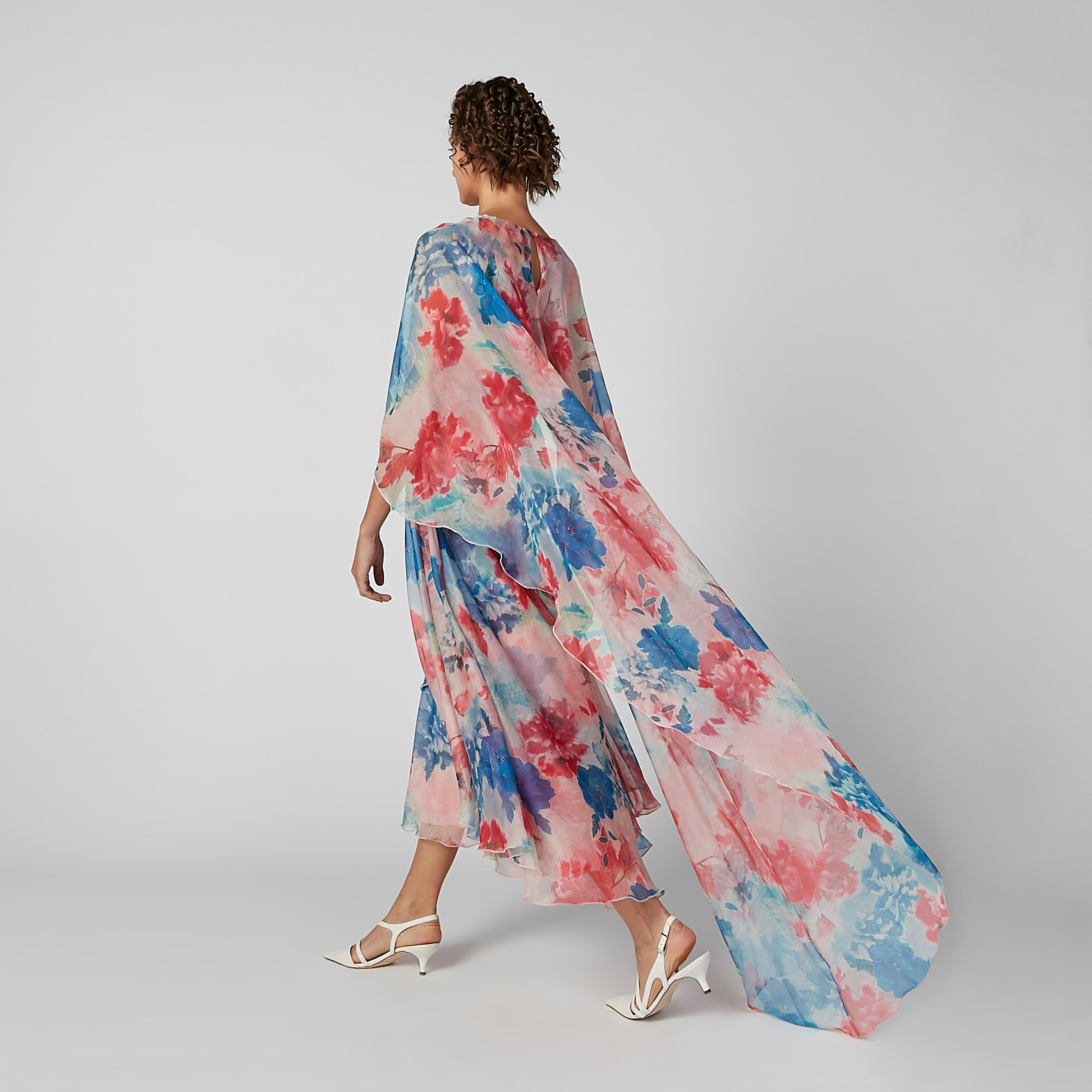 Floral Printed A-line Dress with Asymmetric Hem and Cape-women-clothing-dresses-image-6