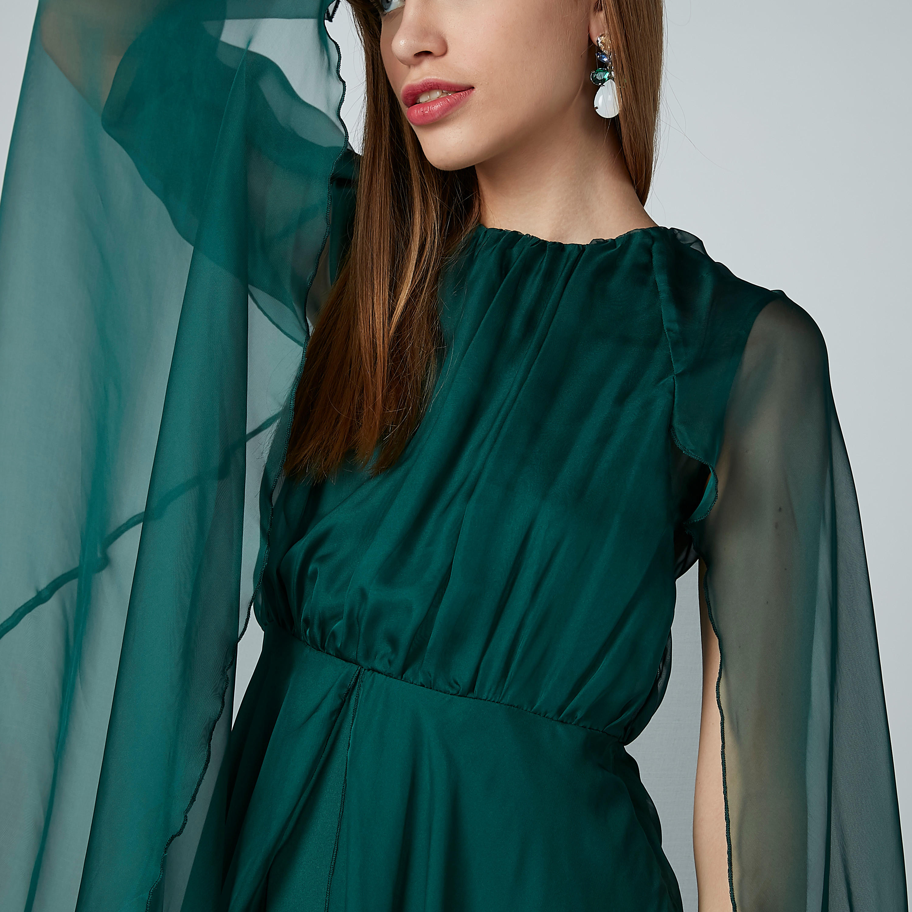 فستان إيه لاين سادة متوسط الطول بياقة مستديرة وتفاصيل شفّافة-women-clothing-dresses-image-1