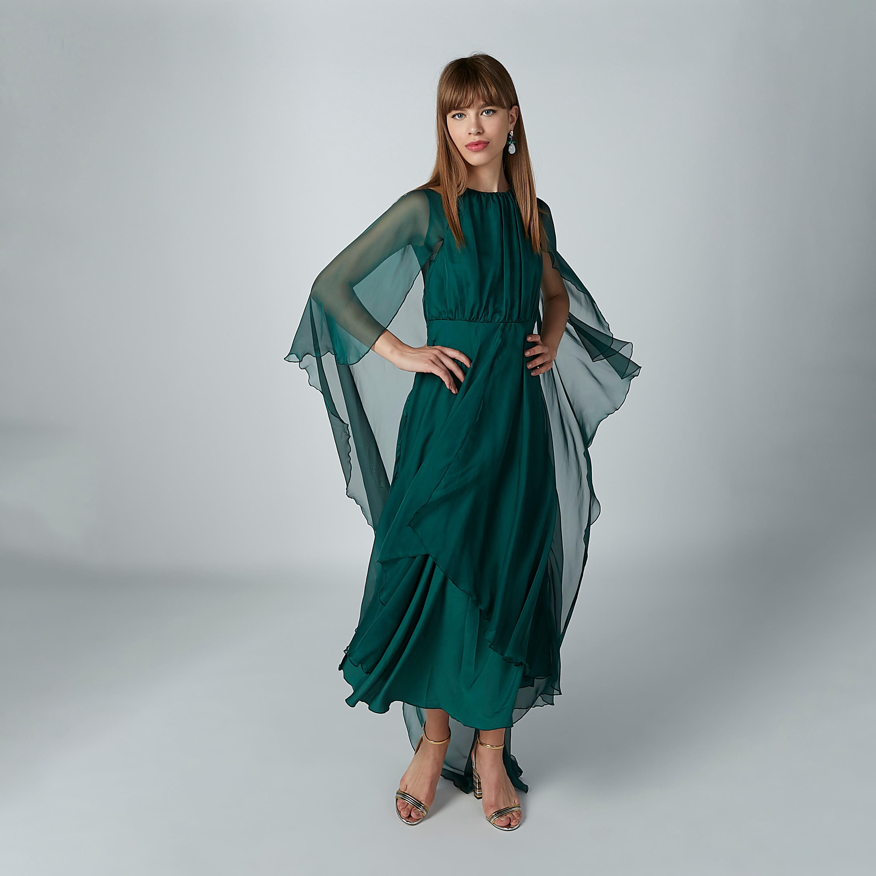 فستان إيه لاين سادة متوسط الطول بياقة مستديرة وتفاصيل شفّافة-women-clothing-dresses-image-3