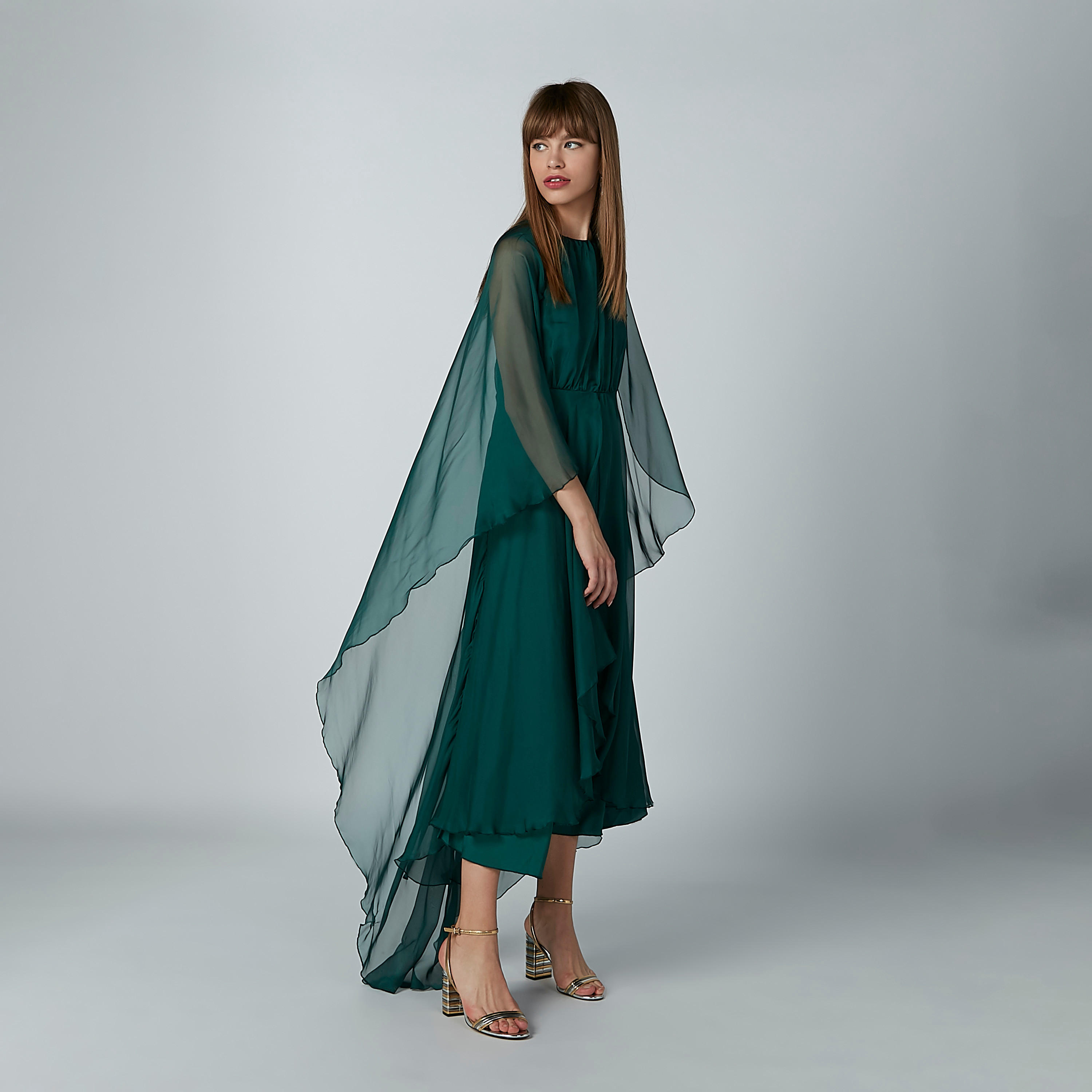 فستان إيه لاين سادة متوسط الطول بياقة مستديرة وتفاصيل شفّافة-women-clothing-dresses-image-4