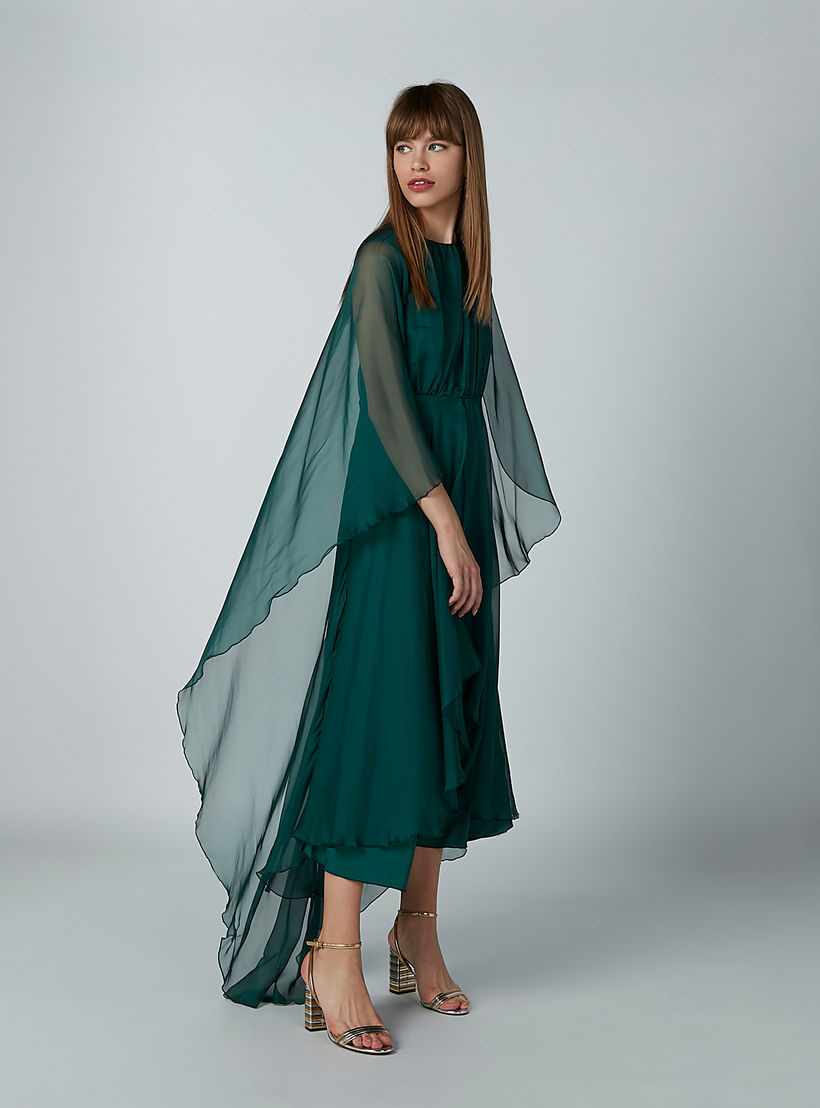فستان إيه لاين سادة متوسط الطول بياقة مستديرة وتفاصيل شفّافة-women-clothing-dresses-image-4