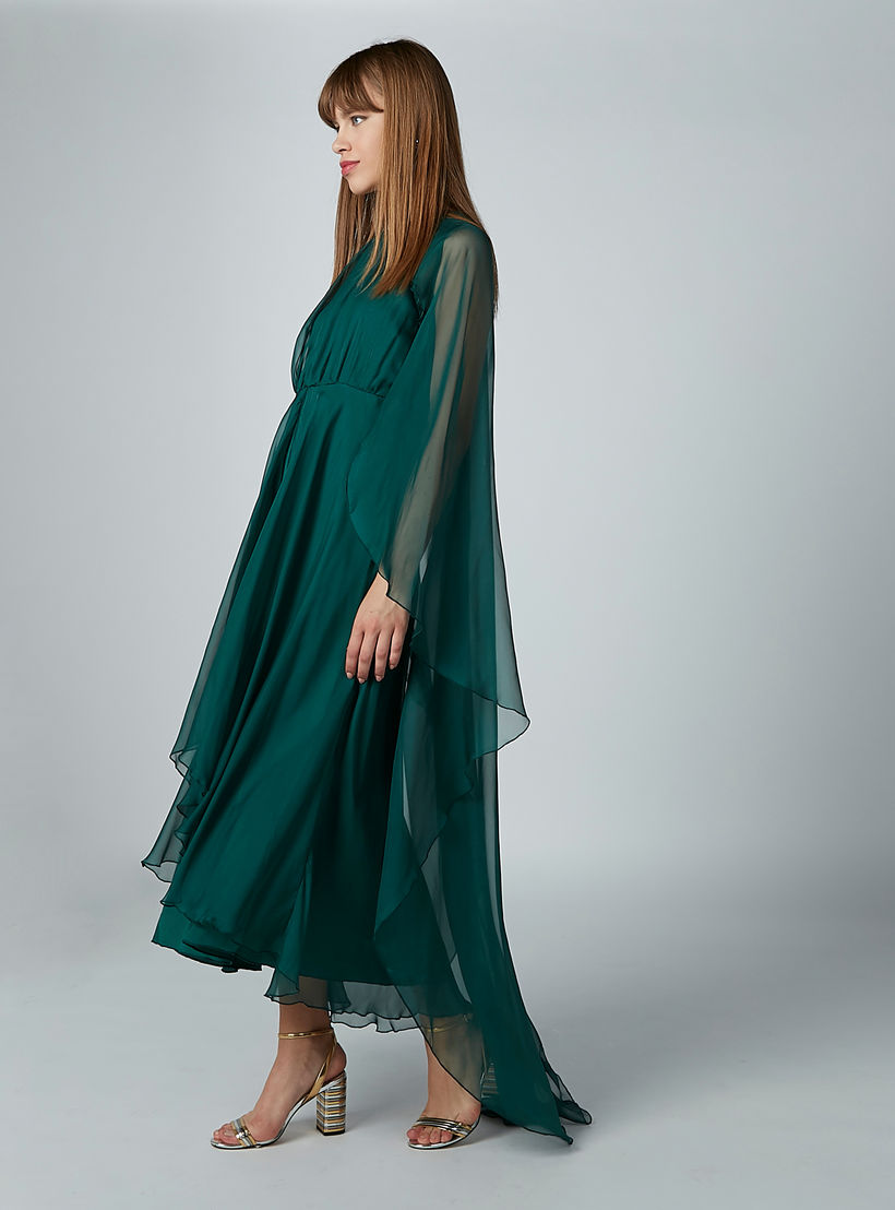 فستان إيه لاين سادة متوسط الطول بياقة مستديرة وتفاصيل شفّافة-women-clothing-dresses-image-5