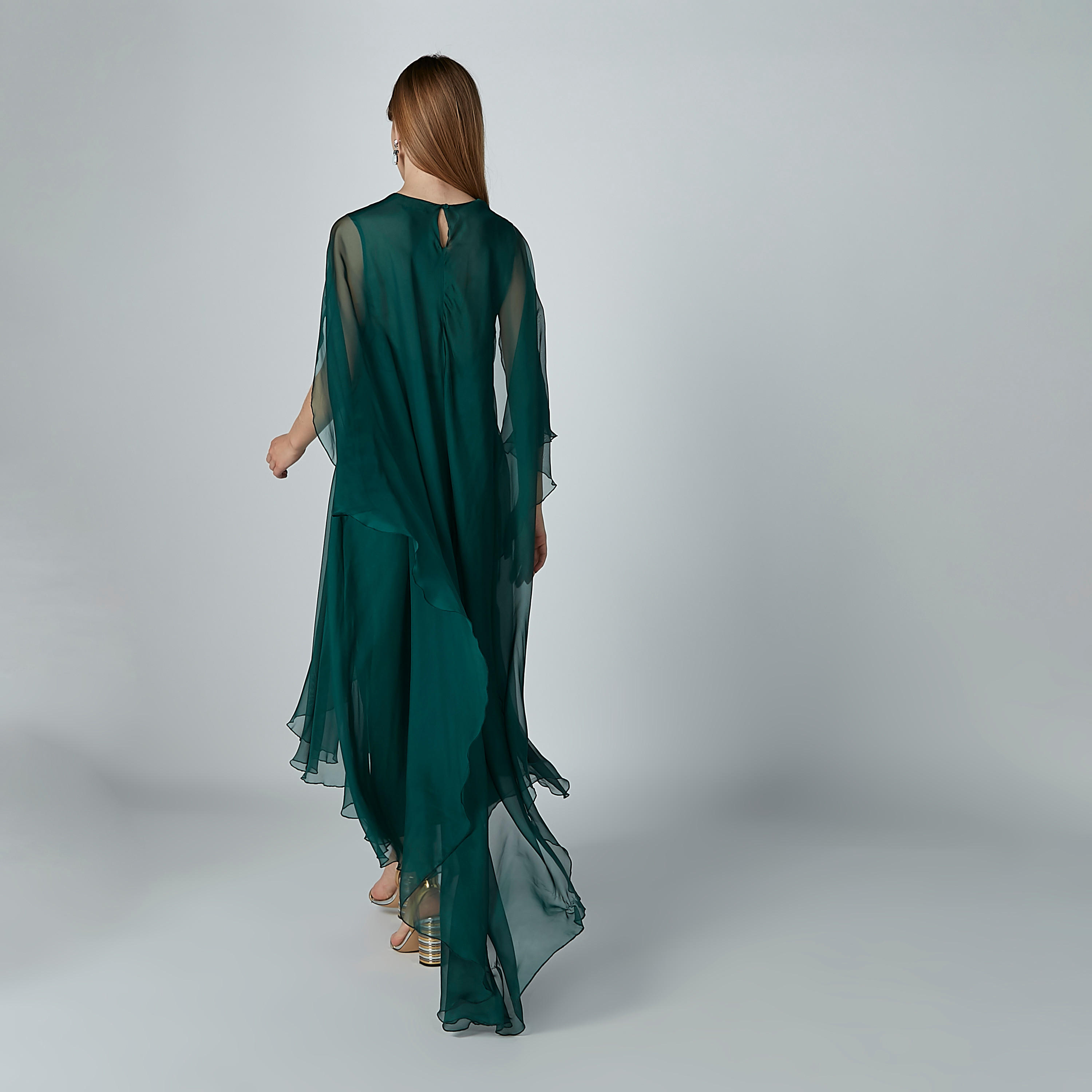 فستان إيه لاين سادة متوسط الطول بياقة مستديرة وتفاصيل شفّافة-women-clothing-dresses-image-7
