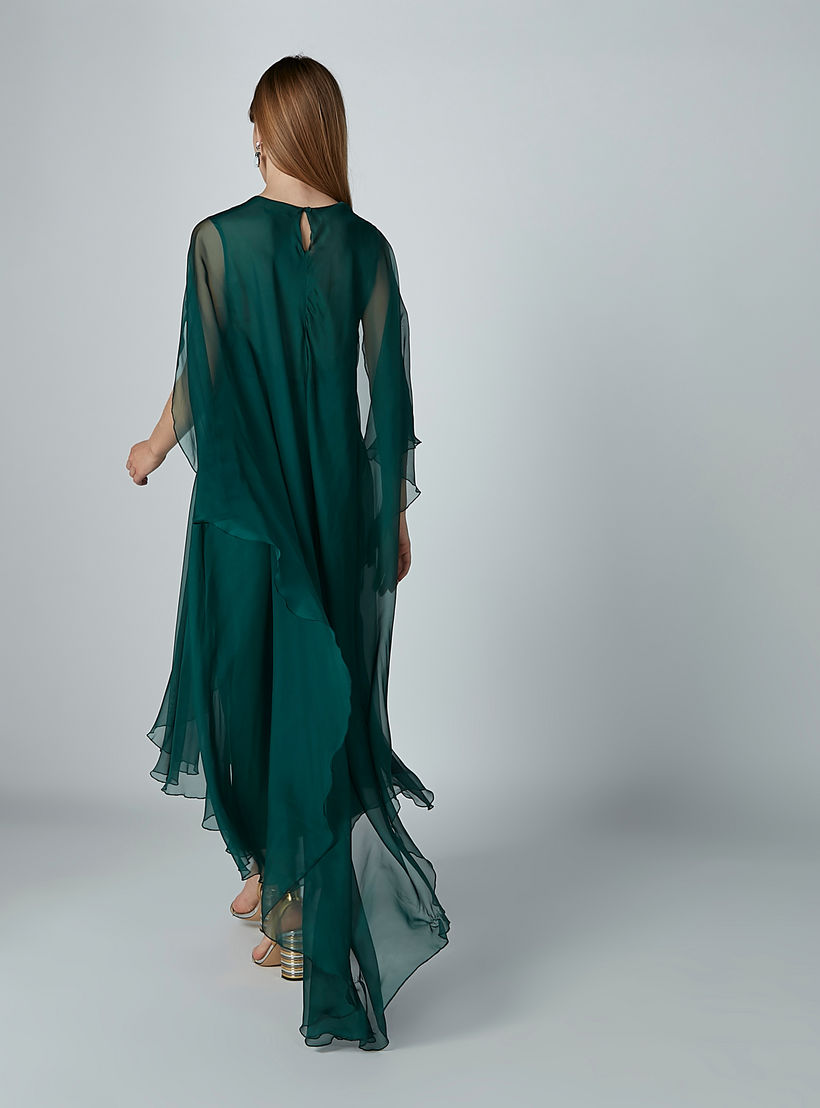 فستان إيه لاين سادة متوسط الطول بياقة مستديرة وتفاصيل شفّافة-women-clothing-dresses-image-7