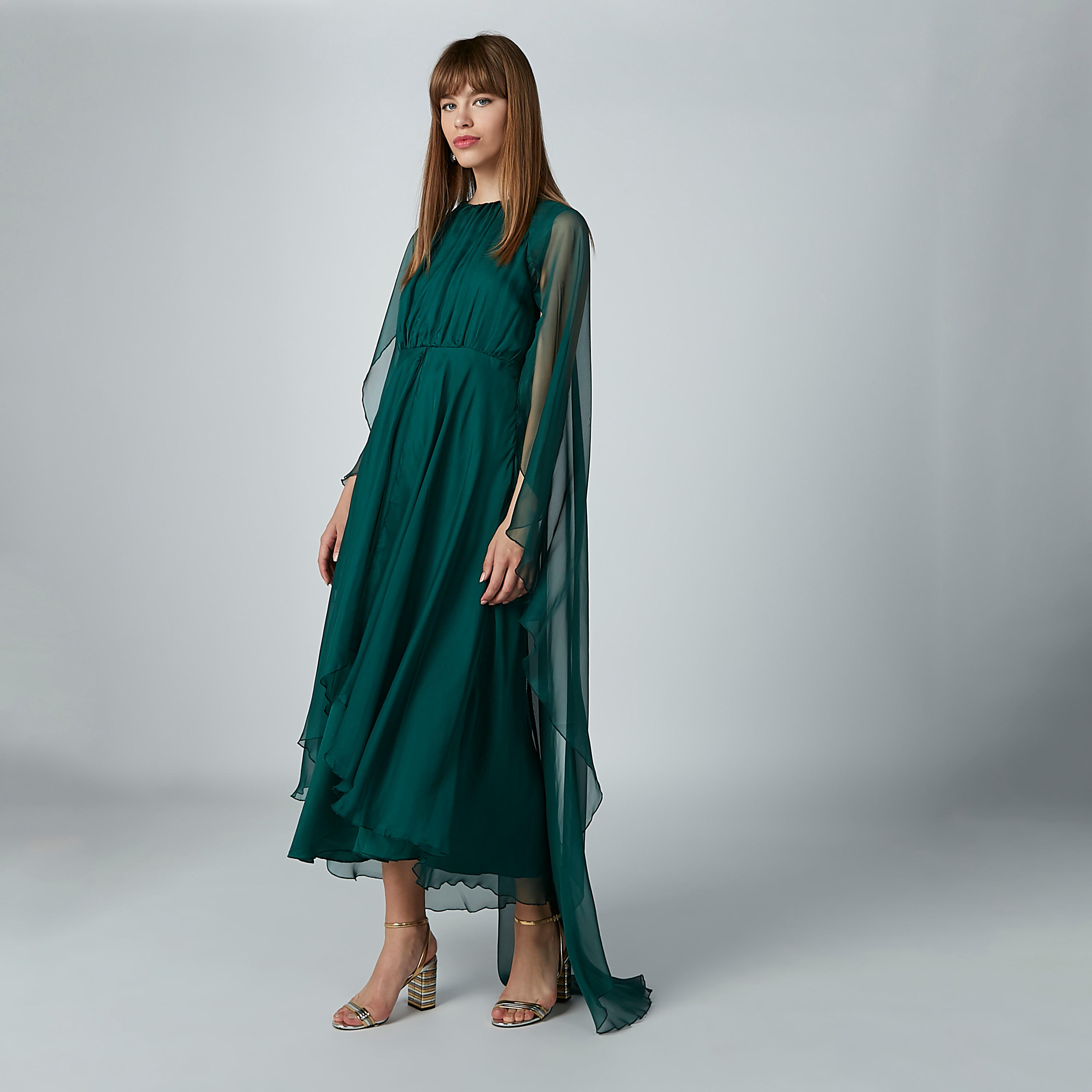 فستان إيه لاين سادة متوسط الطول بياقة مستديرة وتفاصيل شفّافة-women-clothing-dresses-image-8