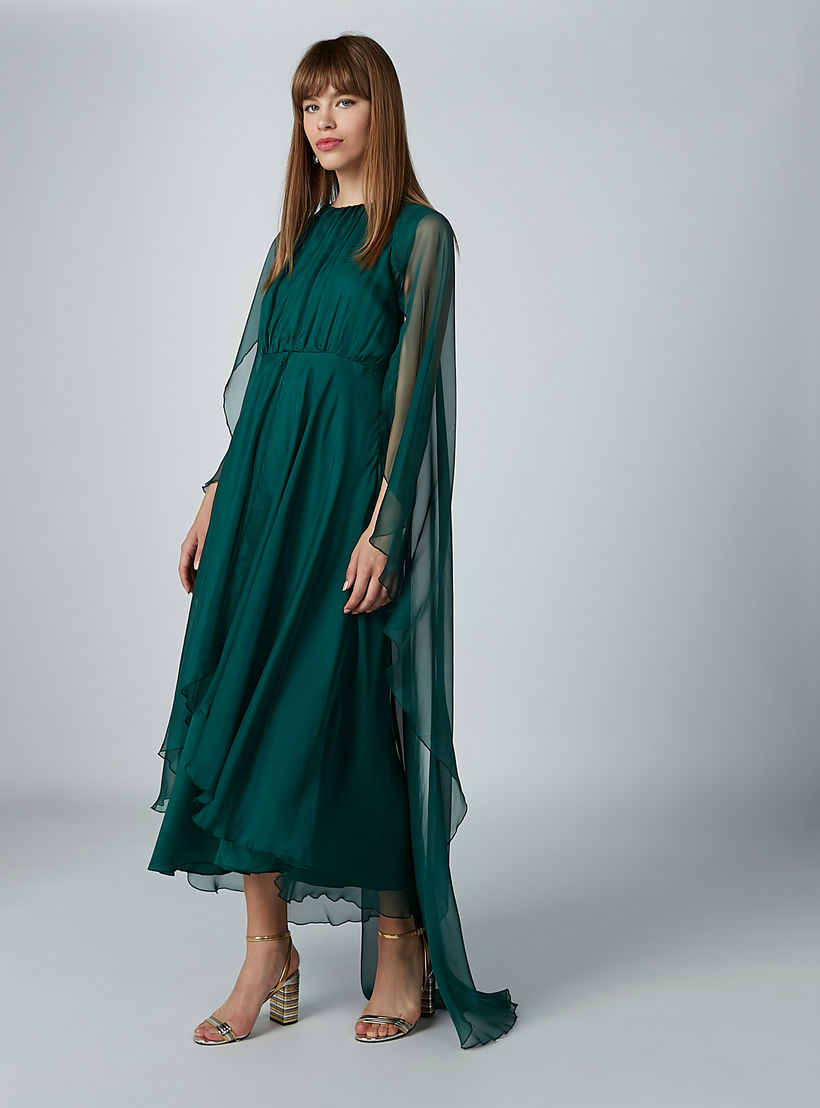 فستان إيه لاين سادة متوسط الطول بياقة مستديرة وتفاصيل شفّافة-women-clothing-dresses-image-8