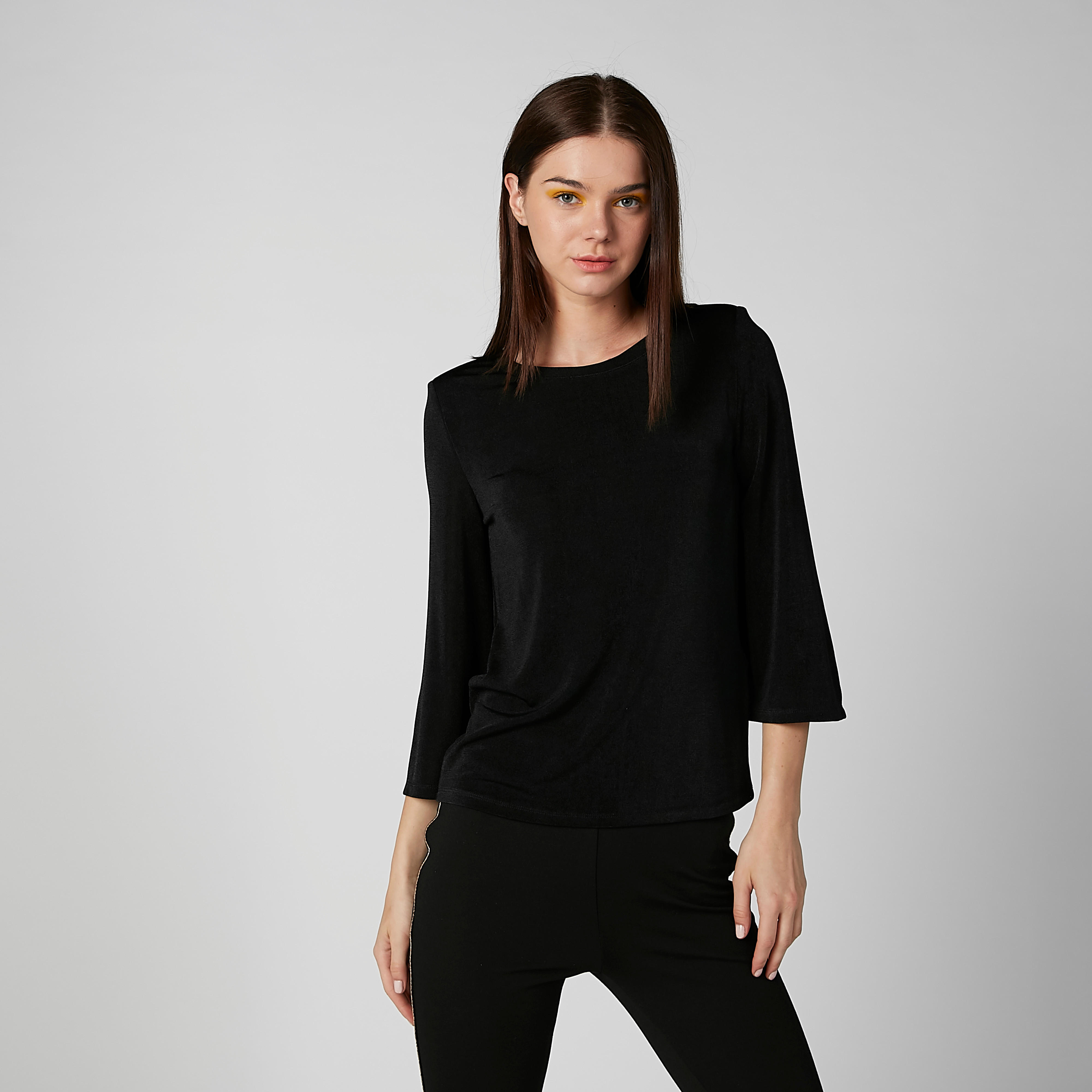 بلوزة سادة بياقة مستديرة وأكمام 3/4-women-clothing-shirtsandblouses-blouses-image-3