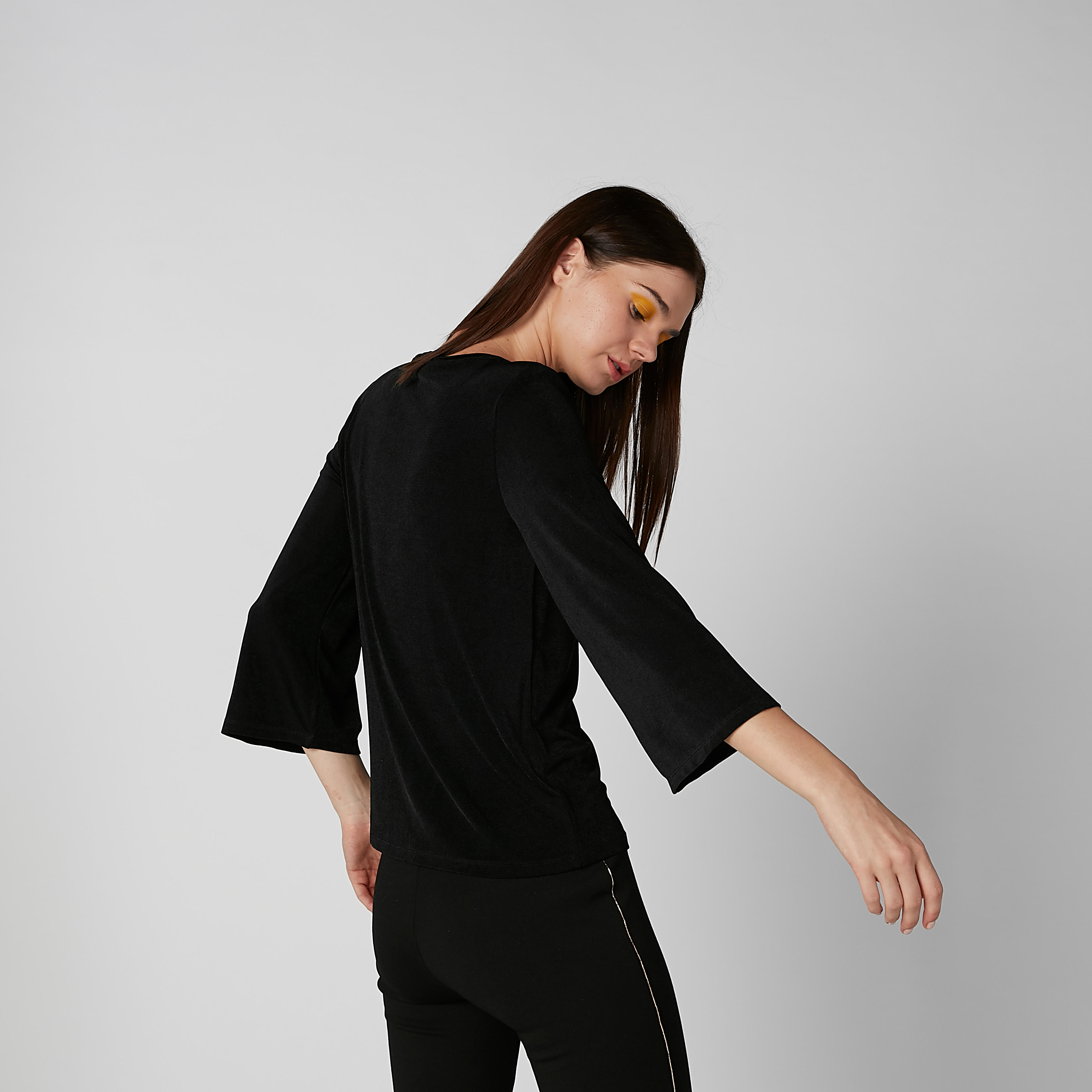 بلوزة سادة بياقة مستديرة وأكمام 3/4-women-clothing-shirtsandblouses-blouses-image-2