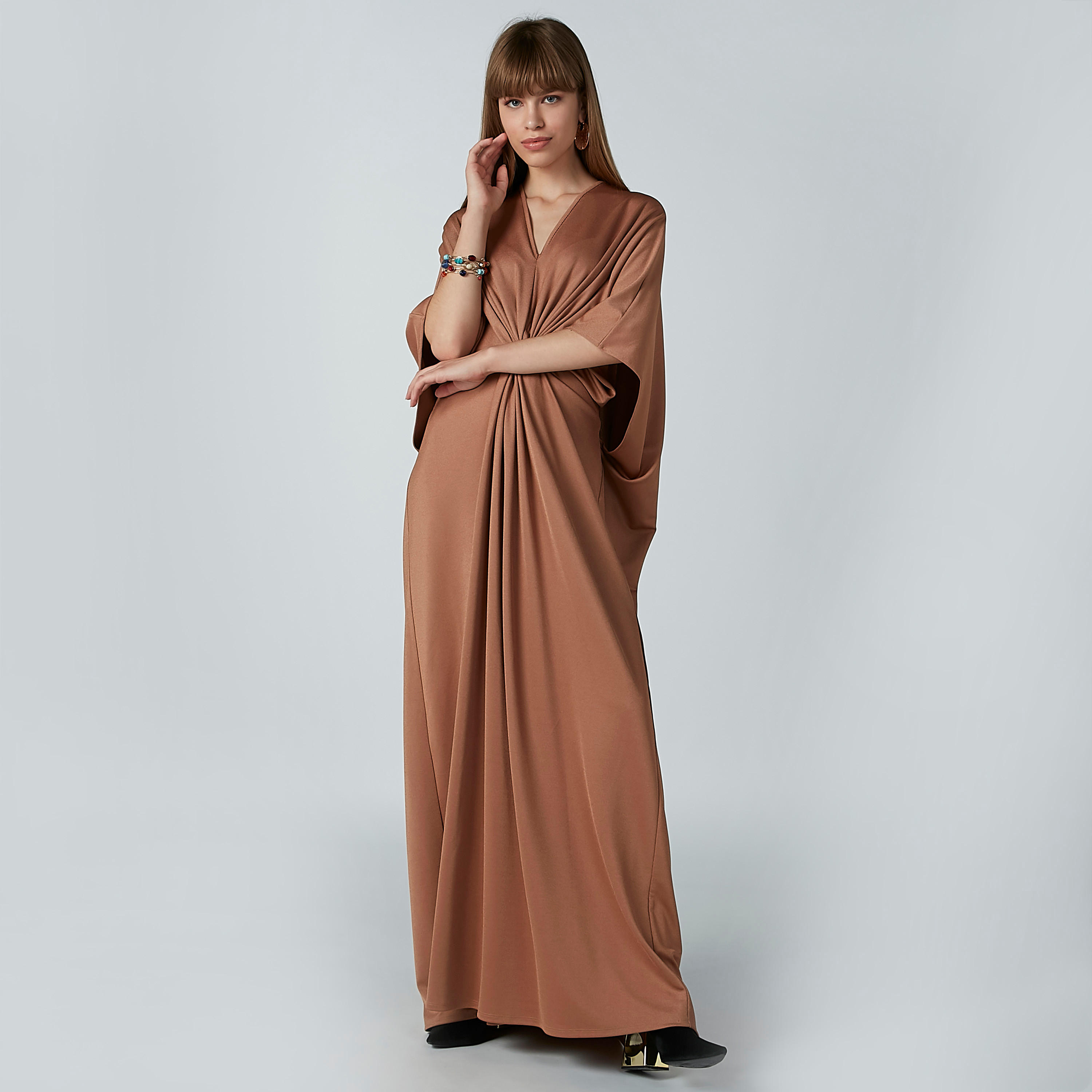Plain Maxi Dress with V-neck and Extended Sleeves-women-clothing-dresses-image-2