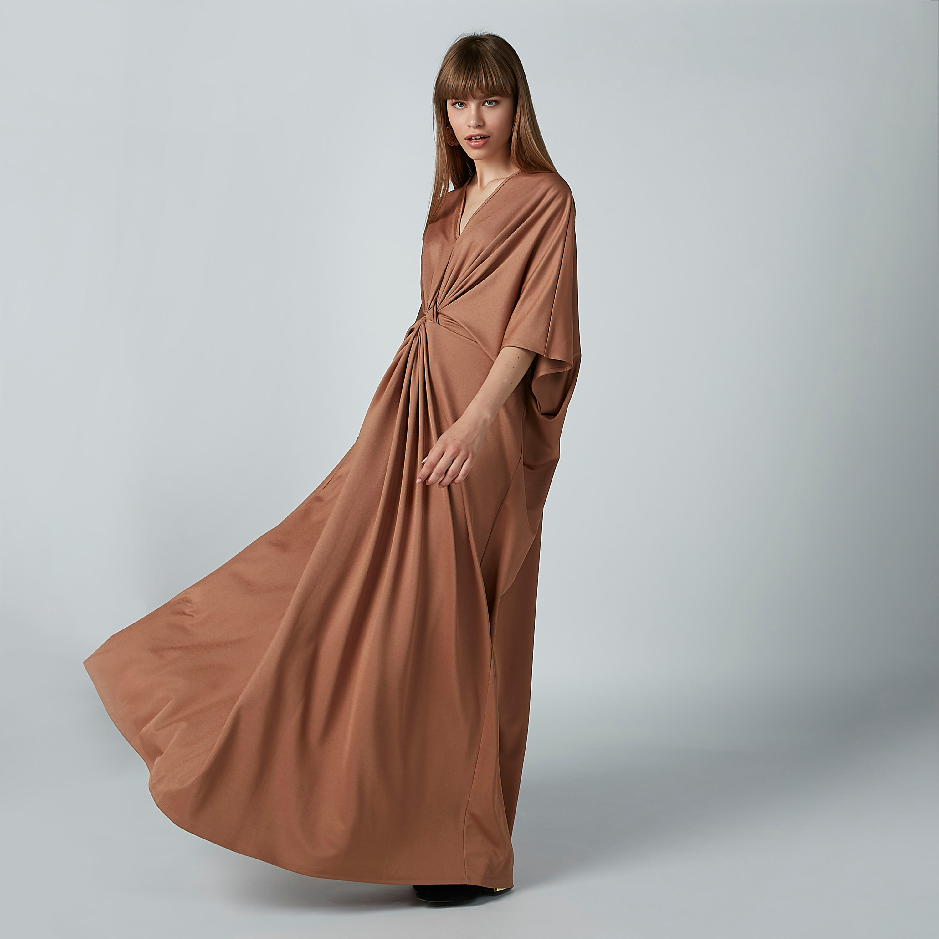 Plain Maxi Dress with V-neck and Extended Sleeves-women-clothing-dresses-image-3