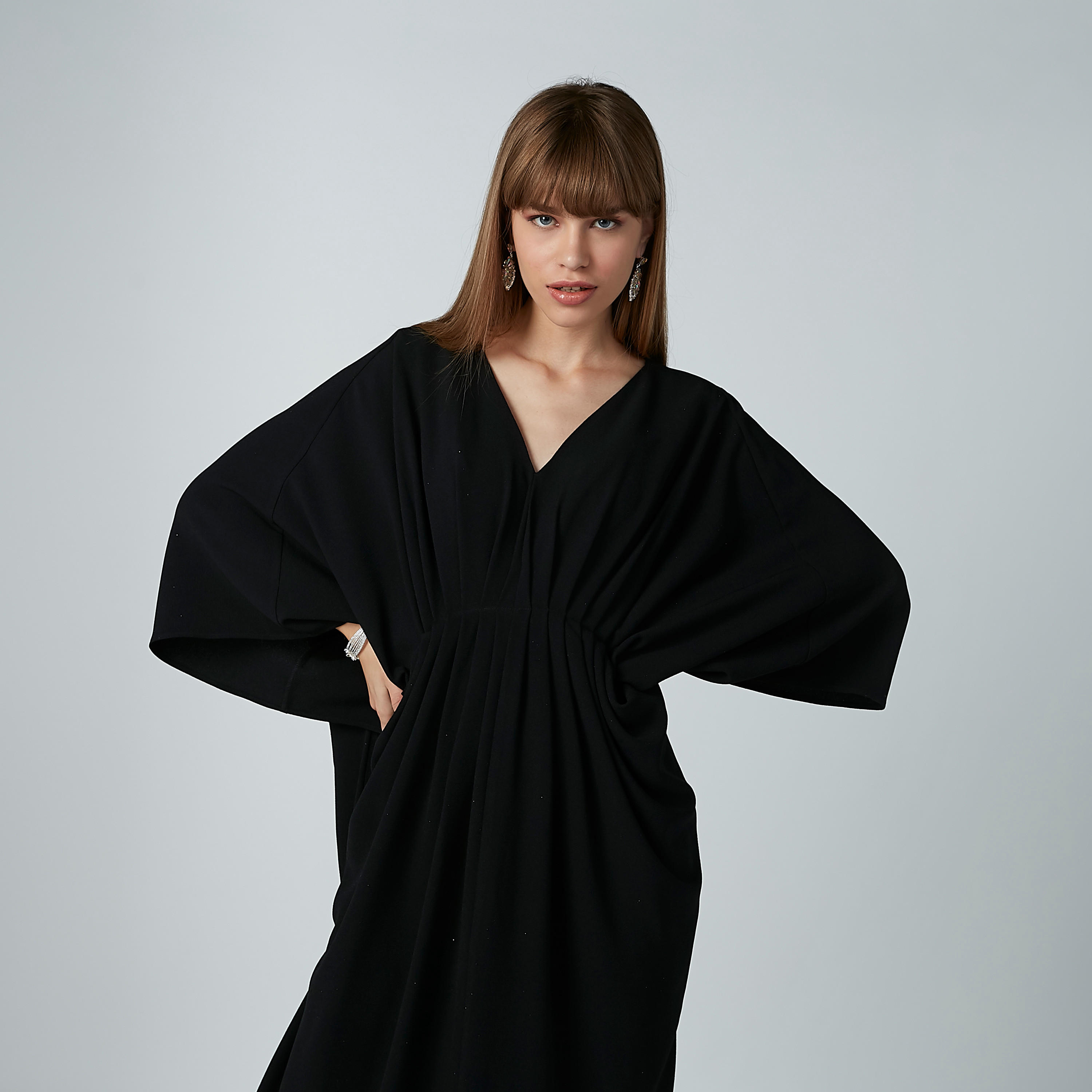 Plain Maxi A-line Dress with V-neck and Flared Sleeves-women-clothing-dresses-image-1