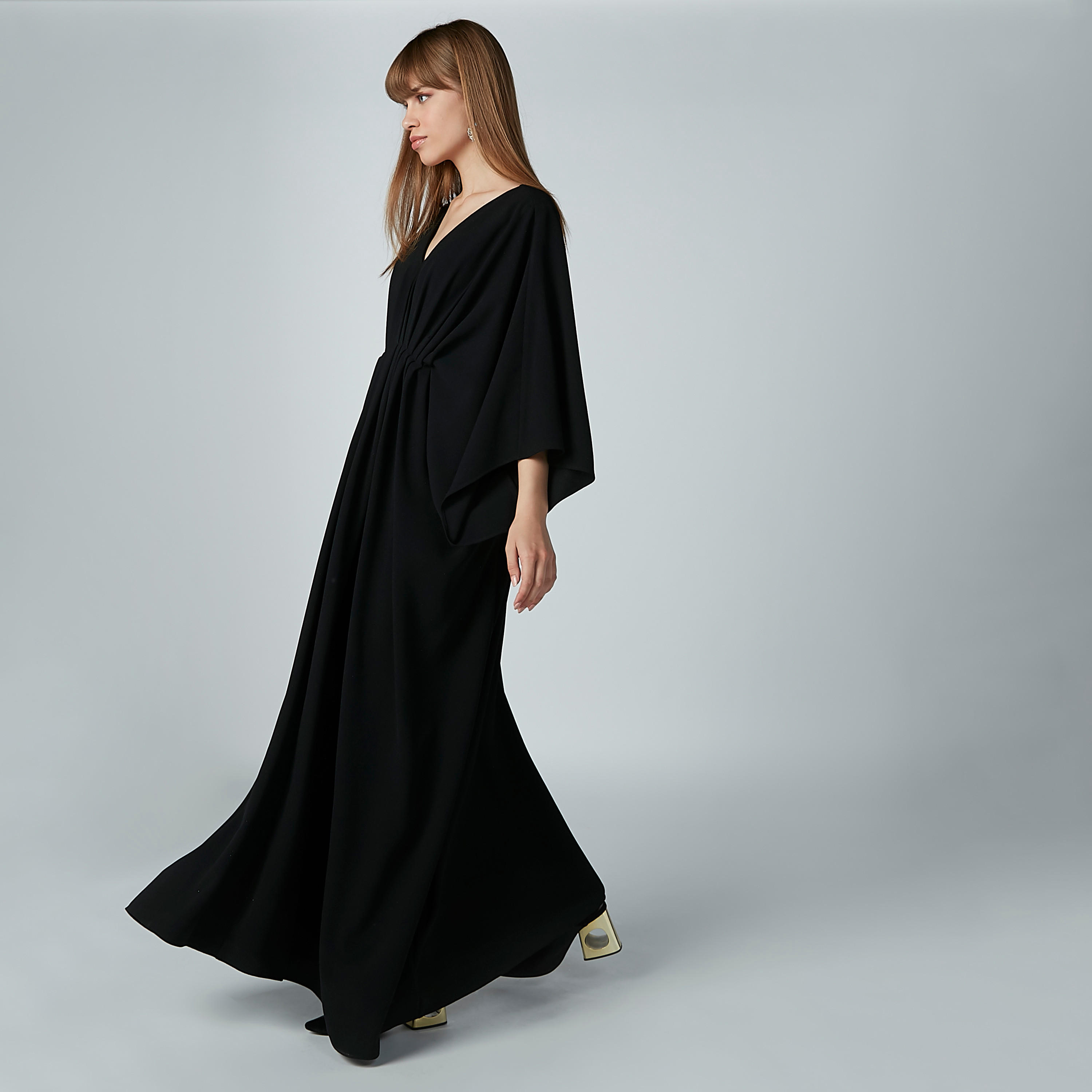 Plain Maxi A-line Dress with V-neck and Flared Sleeves-women-clothing-dresses-image-2