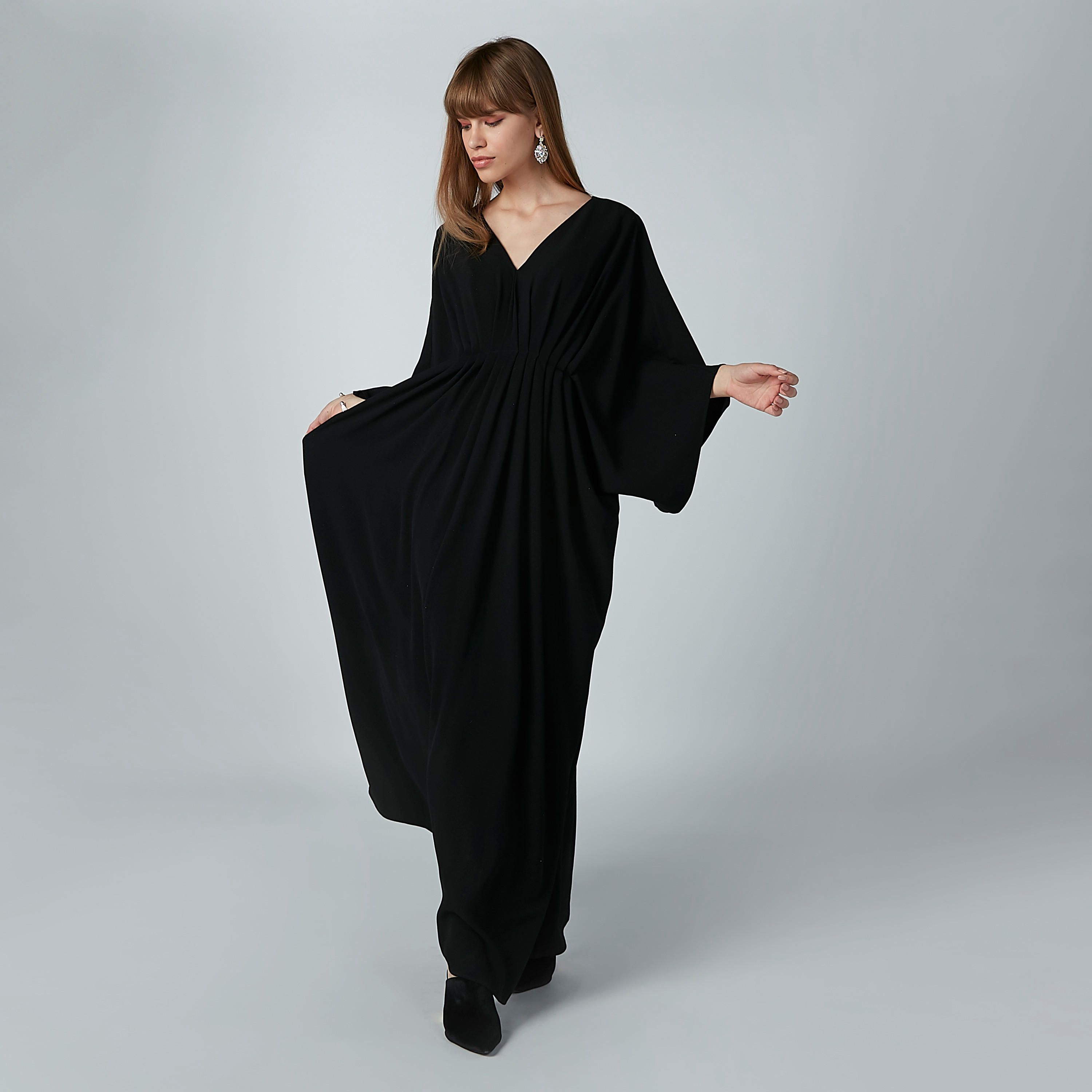 Plain Maxi A-line Dress with V-neck and Flared Sleeves-women-clothing-dresses-image-3