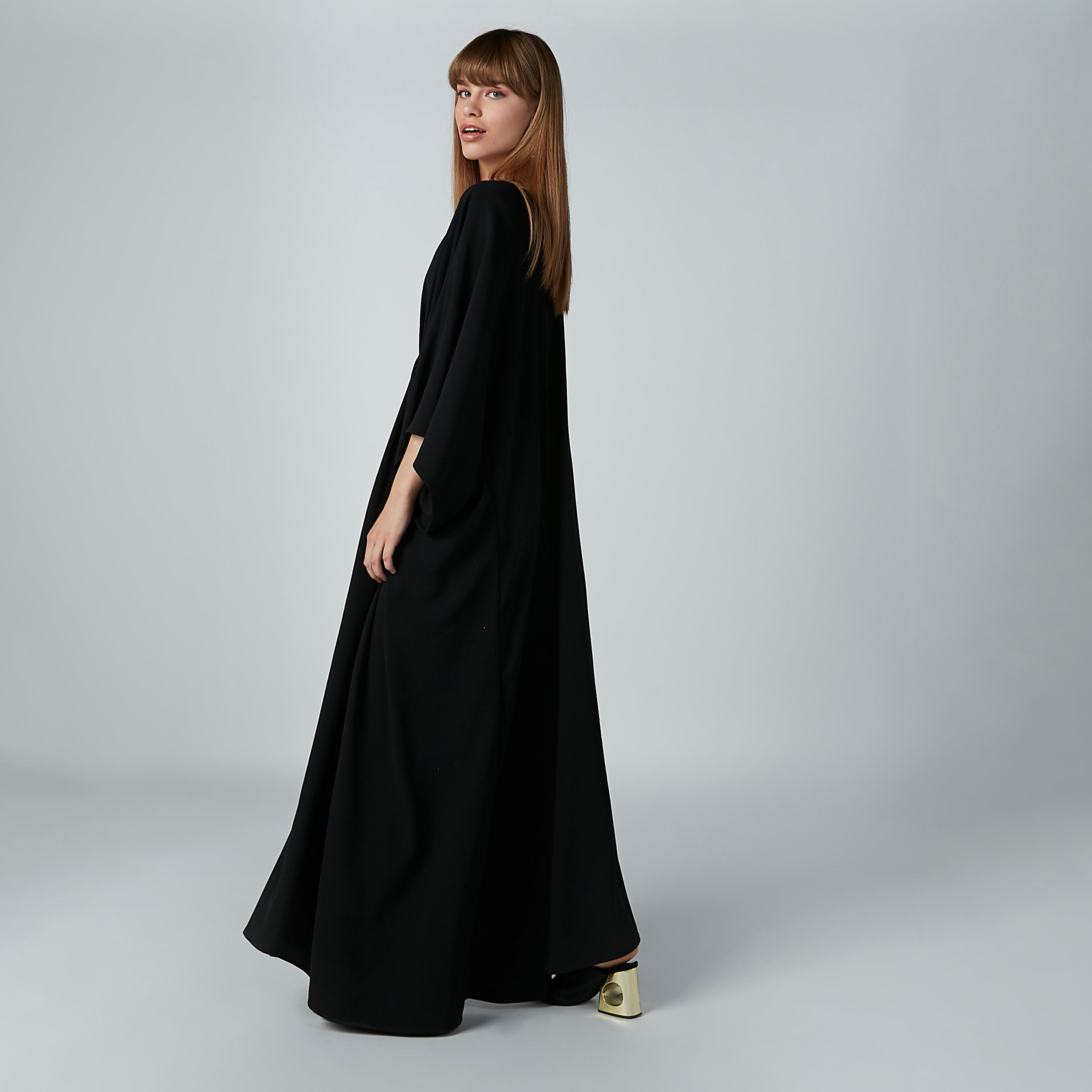 Plain Maxi A-line Dress with V-neck and Flared Sleeves-women-clothing-dresses-image-5