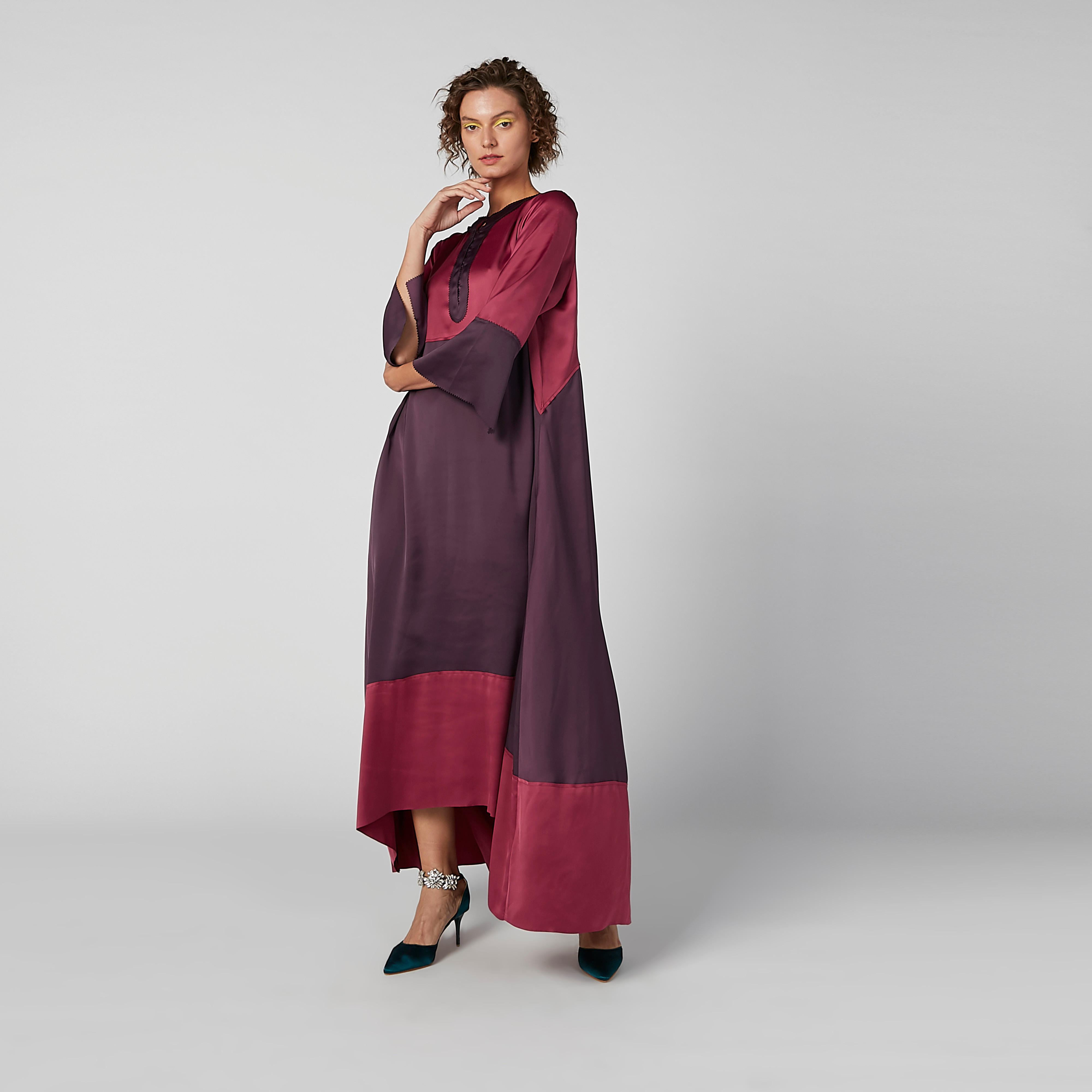 فستان طويل بنمط كتل الألوان بأكمام 3/4 وحوّاف غير مستوية-women-clothing-dresses-image-1