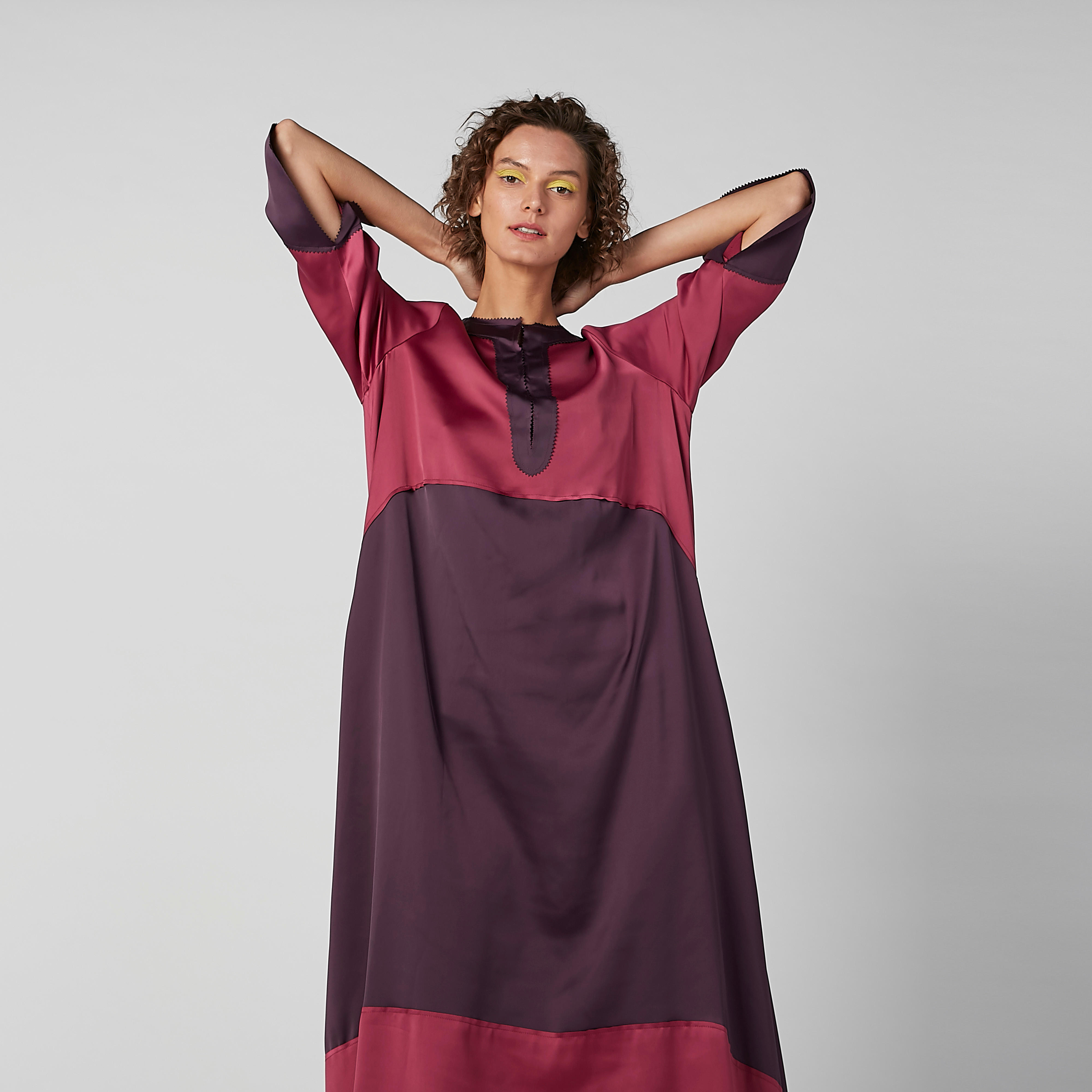 فستان طويل بنمط كتل الألوان بأكمام 3/4 وحوّاف غير مستوية-women-clothing-dresses-image-2