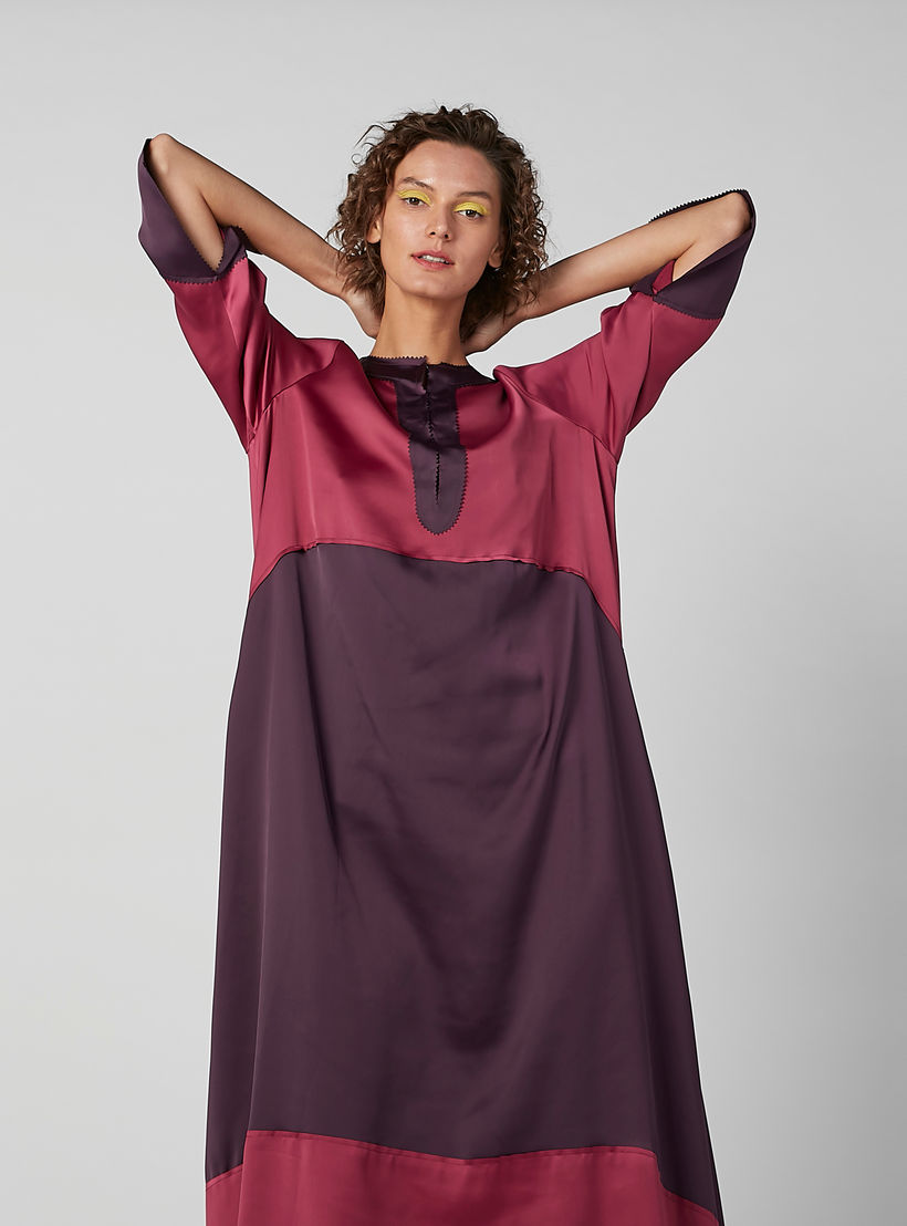 فستان طويل بنمط كتل الألوان بأكمام 3/4 وحوّاف غير مستوية-women-clothing-dresses-image-2