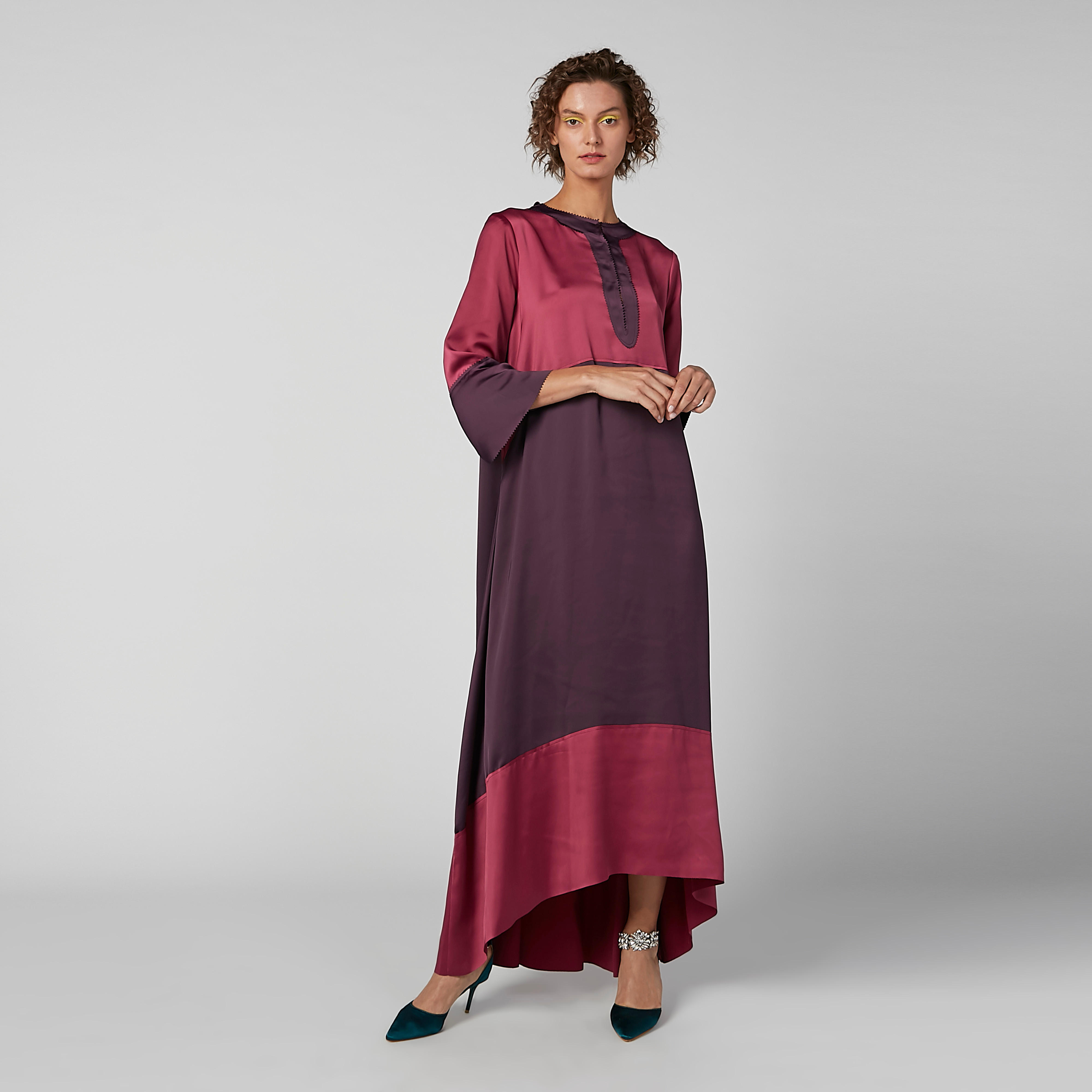 فستان طويل بنمط كتل الألوان بأكمام 3/4 وحوّاف غير مستوية-women-clothing-dresses-image-3
