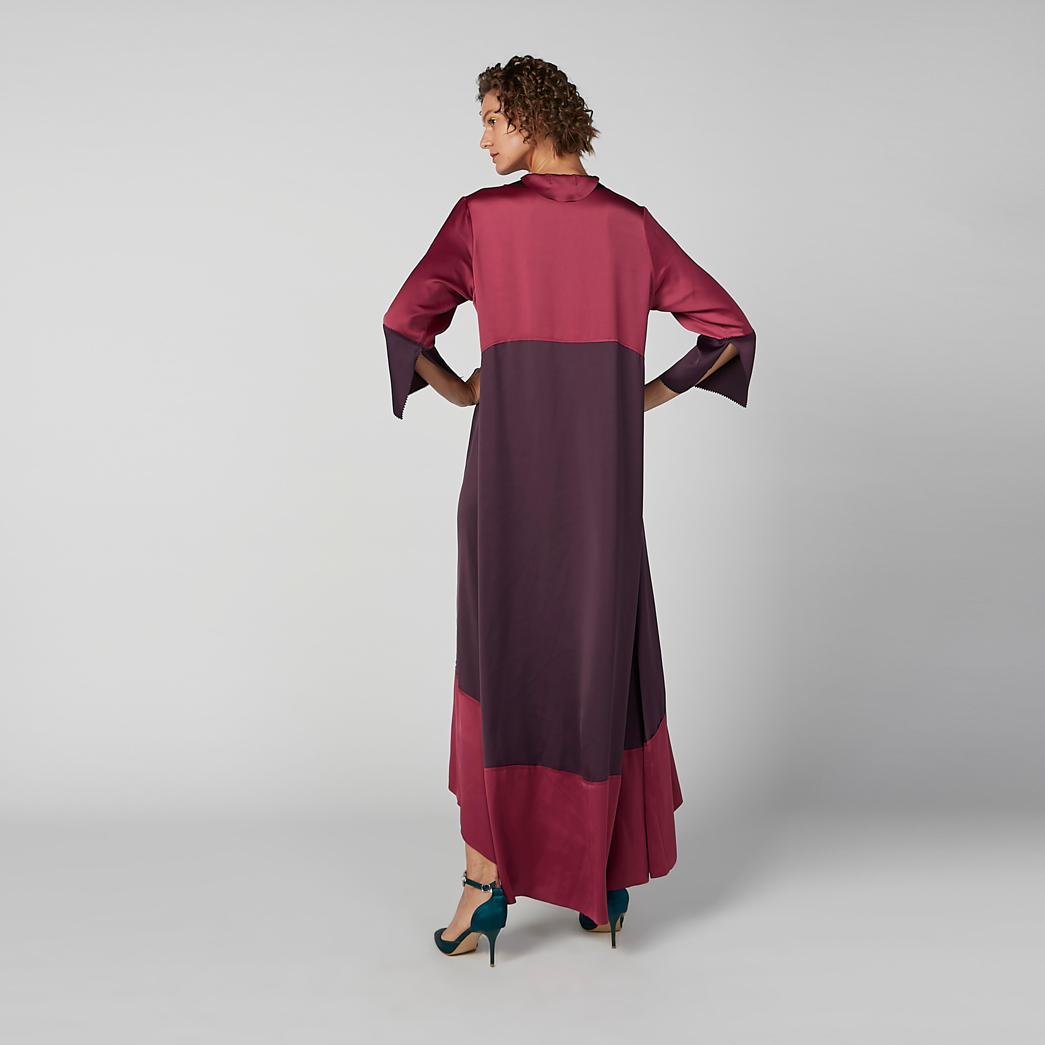 فستان طويل بنمط كتل الألوان بأكمام 3/4 وحوّاف غير مستوية-women-clothing-dresses-image-4
