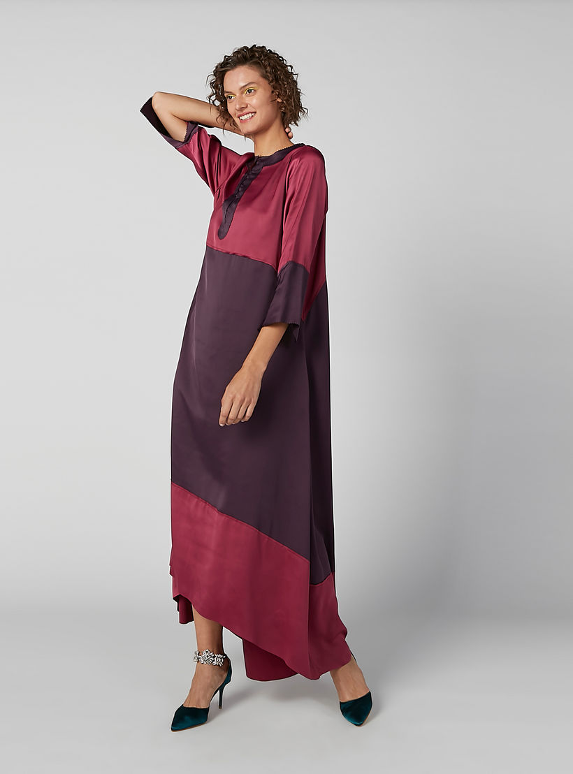 فستان طويل بنمط كتل الألوان بأكمام 3/4 وحوّاف غير مستوية-women-clothing-dresses-image-5