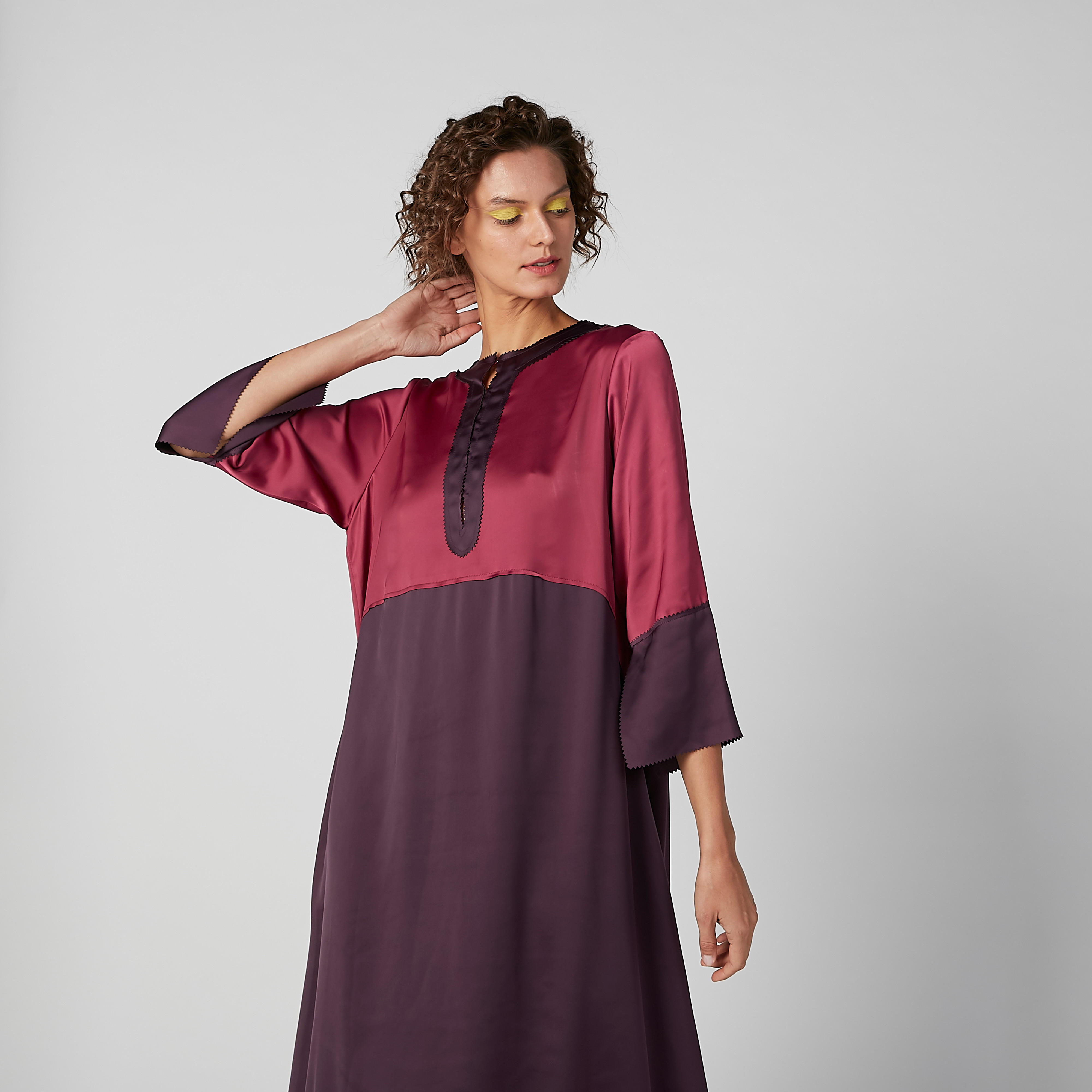 فستان طويل بنمط كتل الألوان بأكمام 3/4 وحوّاف غير مستوية-women-clothing-dresses-image-6