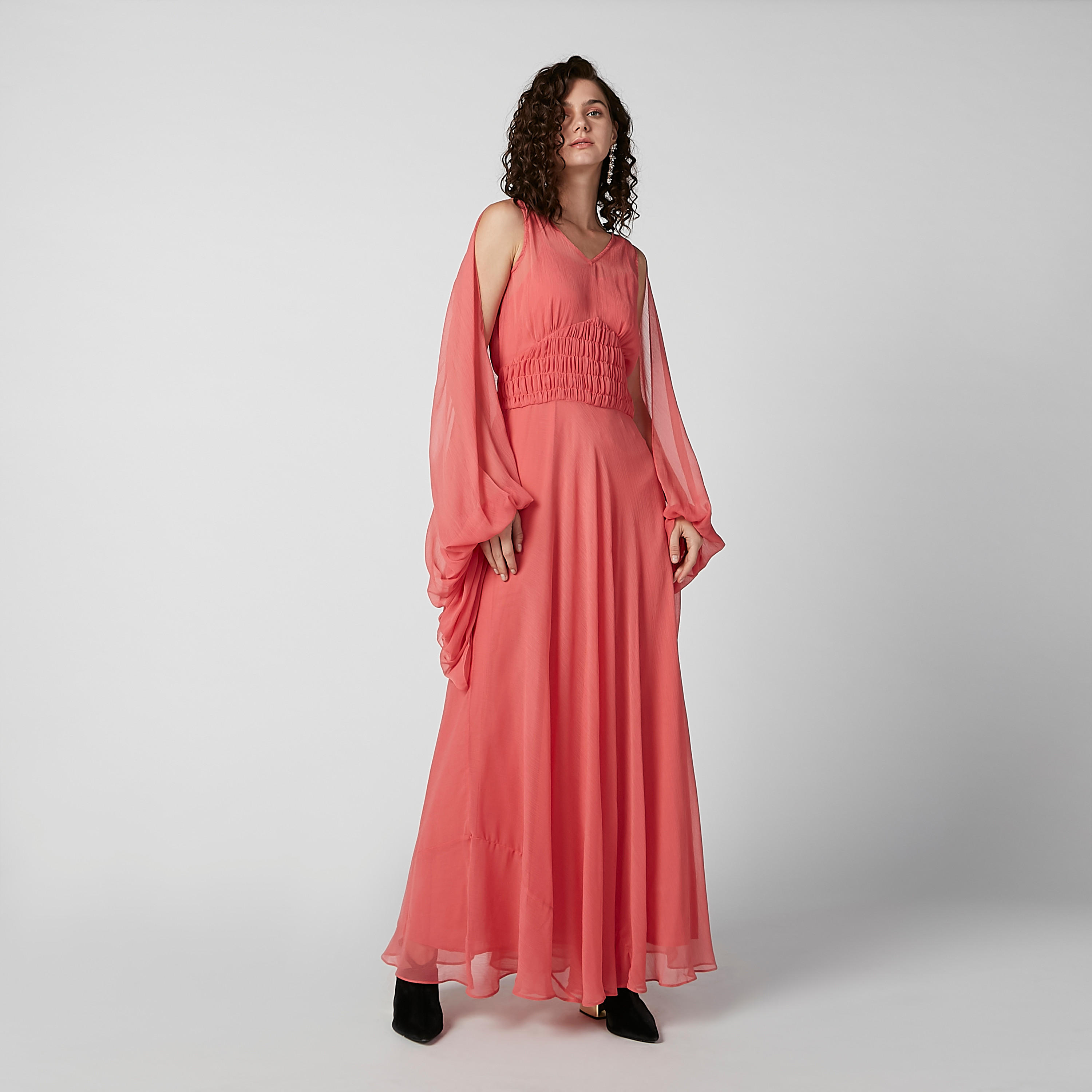 فستان ماكسي بارز الملمس بأكمام طويلة وياقة V-women-clothing-dresses-image-4