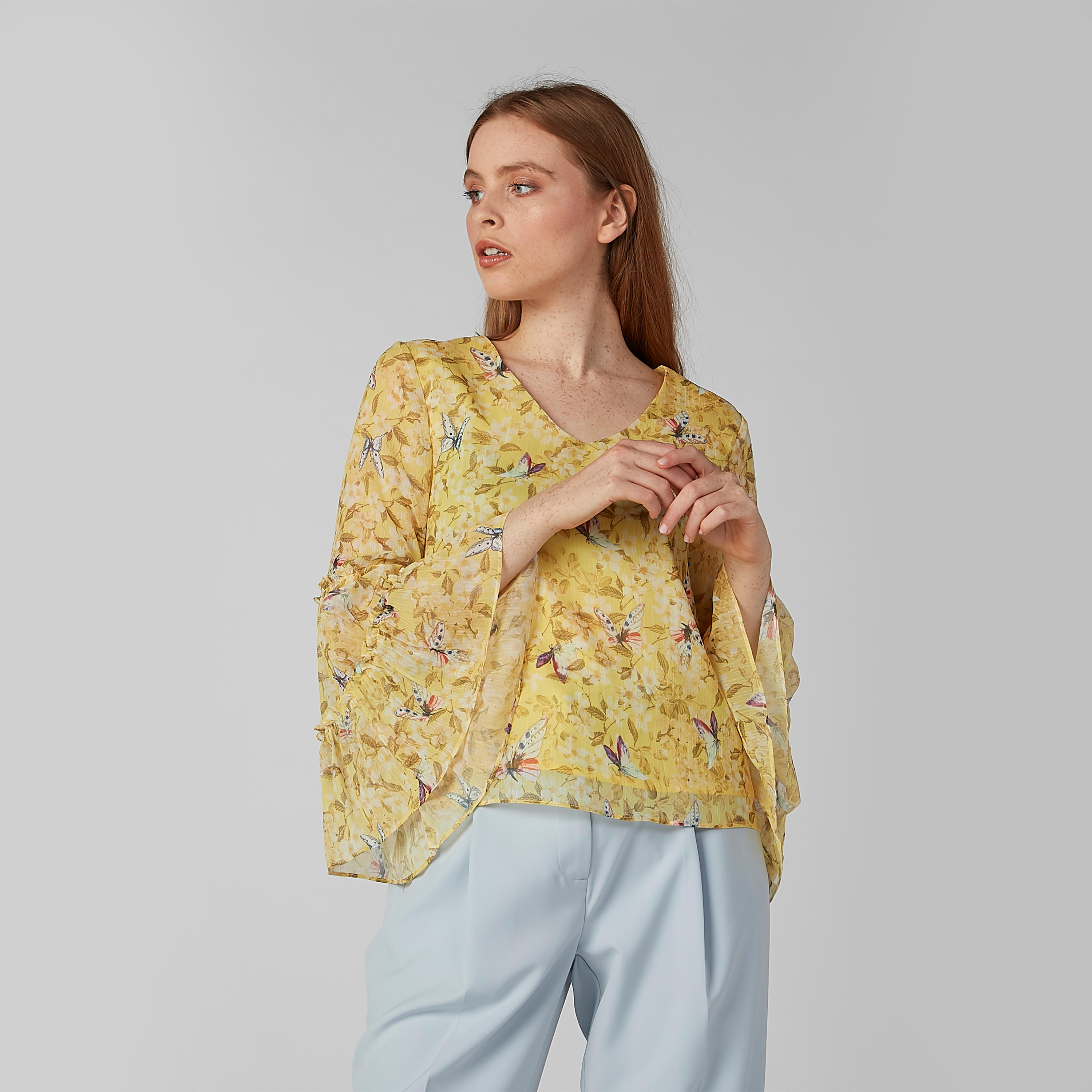 Printed Top with V-neck and Flared Sleeves-women-clothing-shirtsandblouses-blouses-image-1