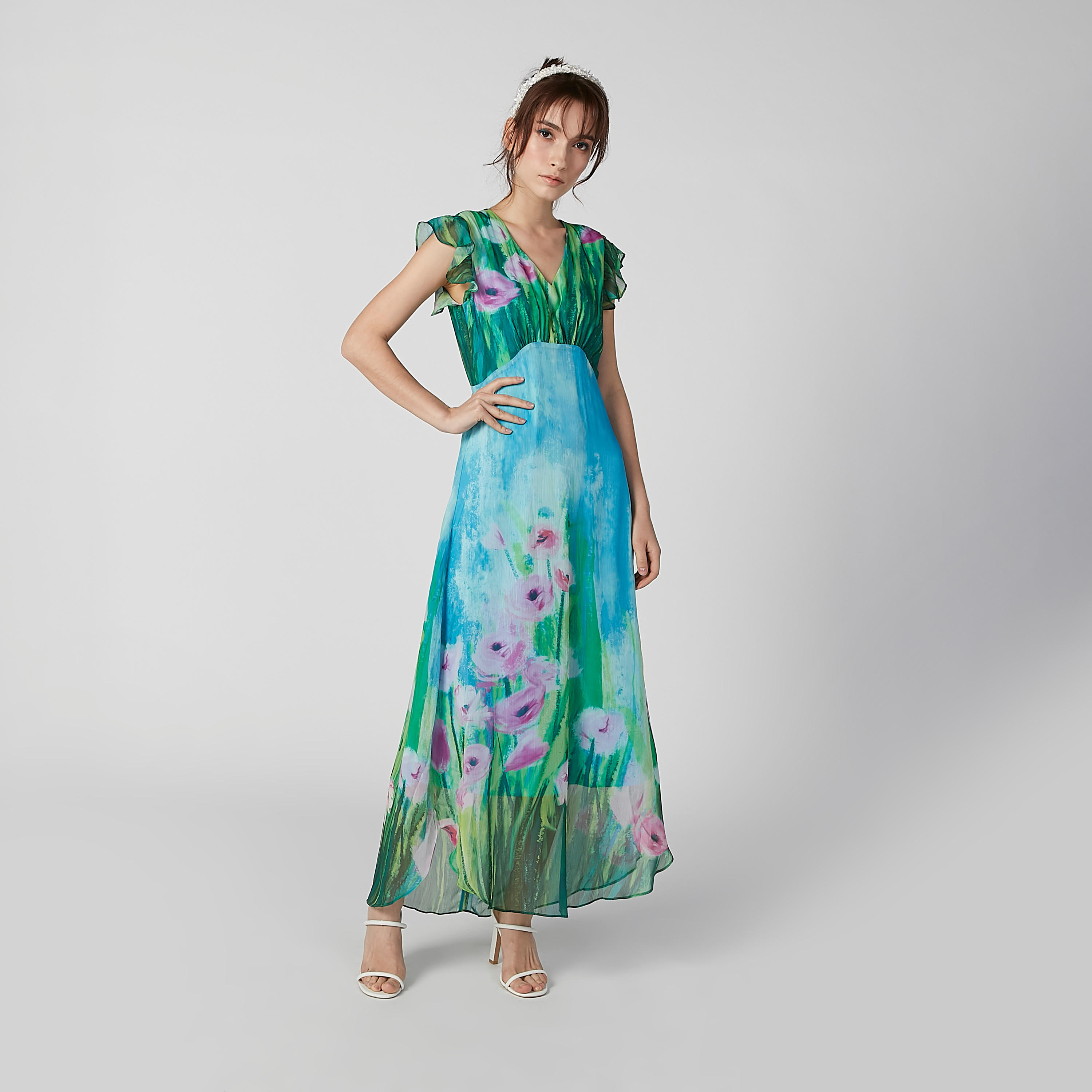Floral Printed Maxi A-line Dress with Frill Cap Sleeves-women-clothing-dresses-image-1