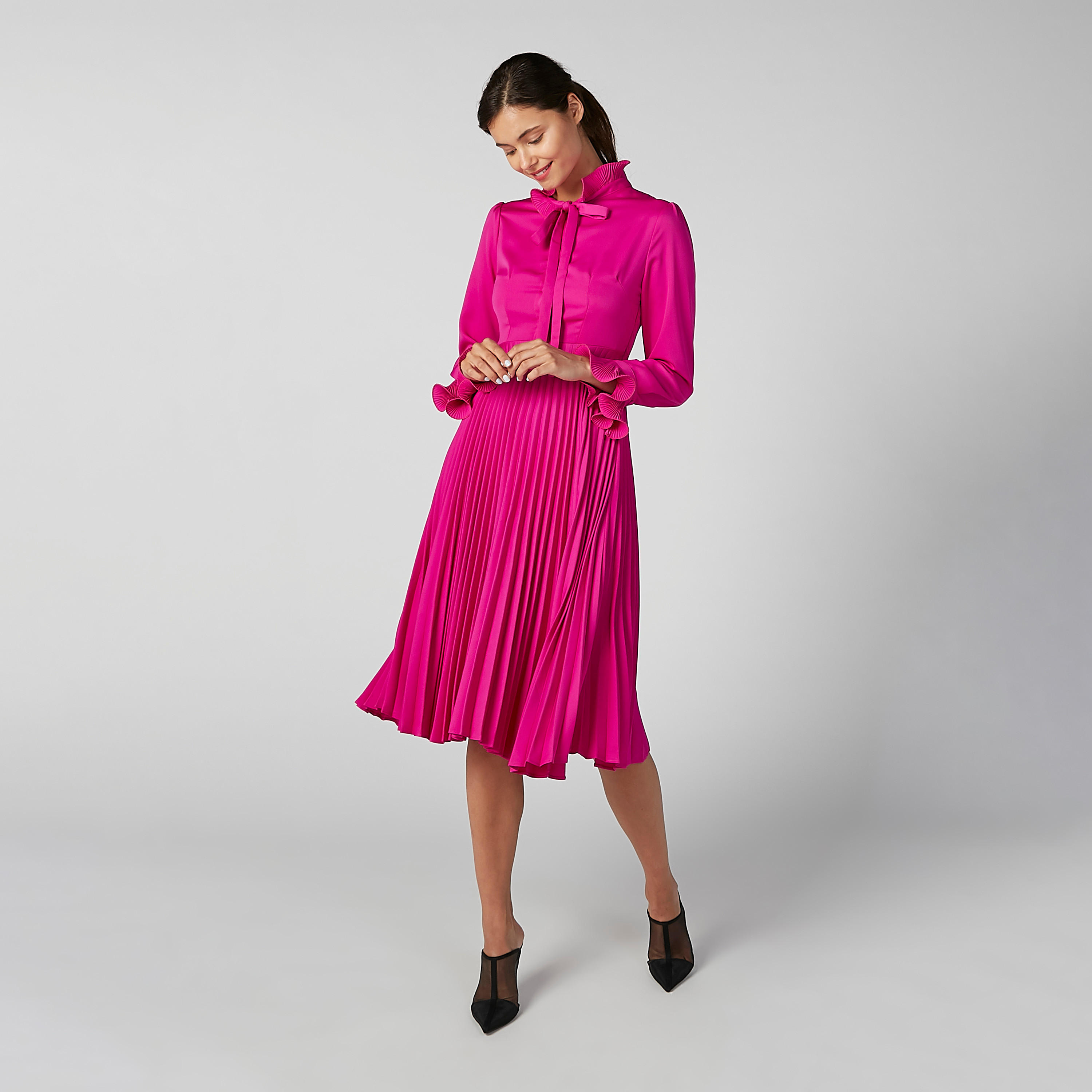 فستان بارز الملمس متوسط الطول بأكمام طويلة وأربطة-women-clothing-dresses-image-1