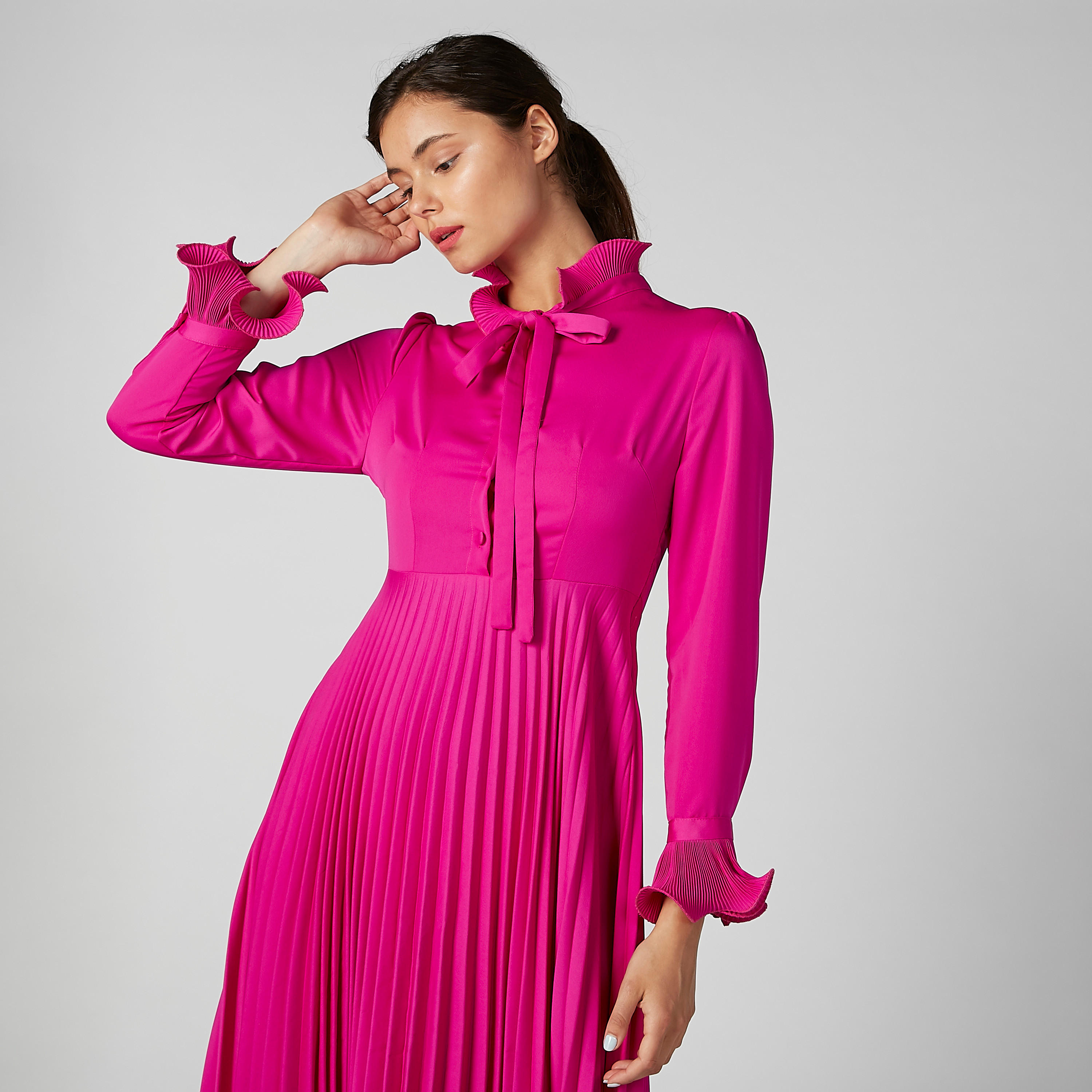 فستان بارز الملمس متوسط الطول بأكمام طويلة وأربطة-women-clothing-dresses-image-3