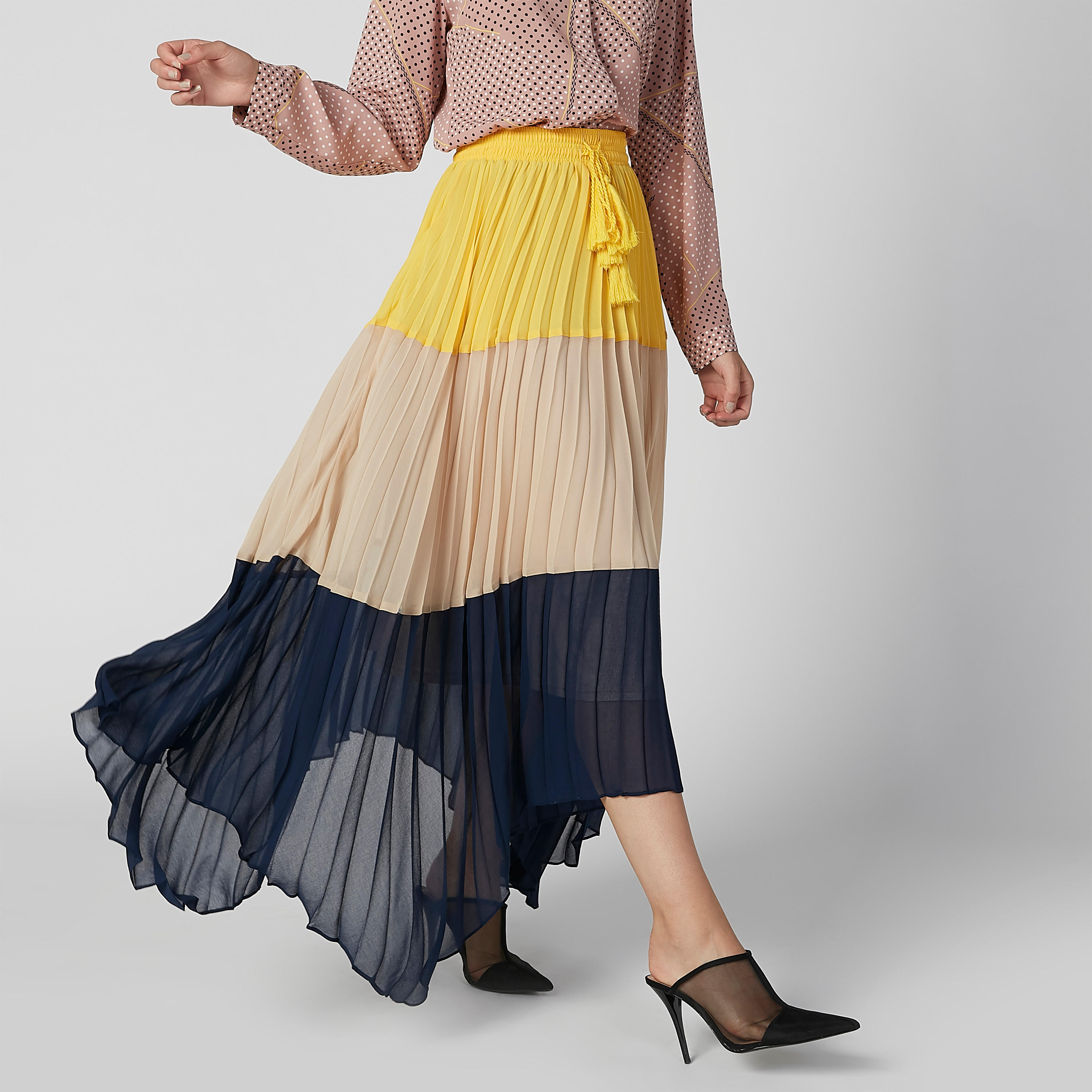 تنورة ماكسي بنمط كتل الألوان برباط وحوّاف غير مستوية-women-clothing-bottoms-skirts-image-1