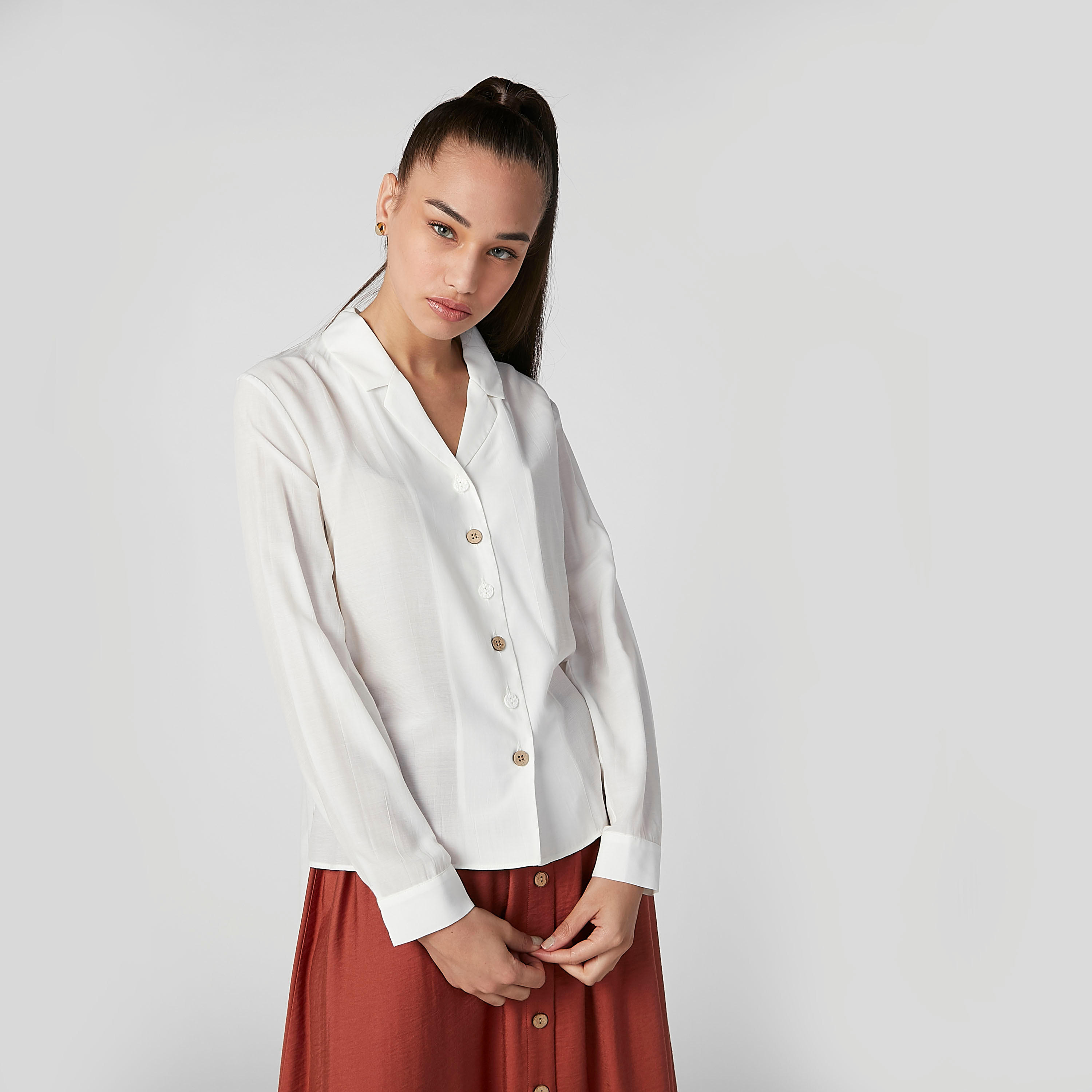 Plain Shirt with Notched Lapel and Long Sleeves-women-clothing-shirtsandblouses-shirts-image-2