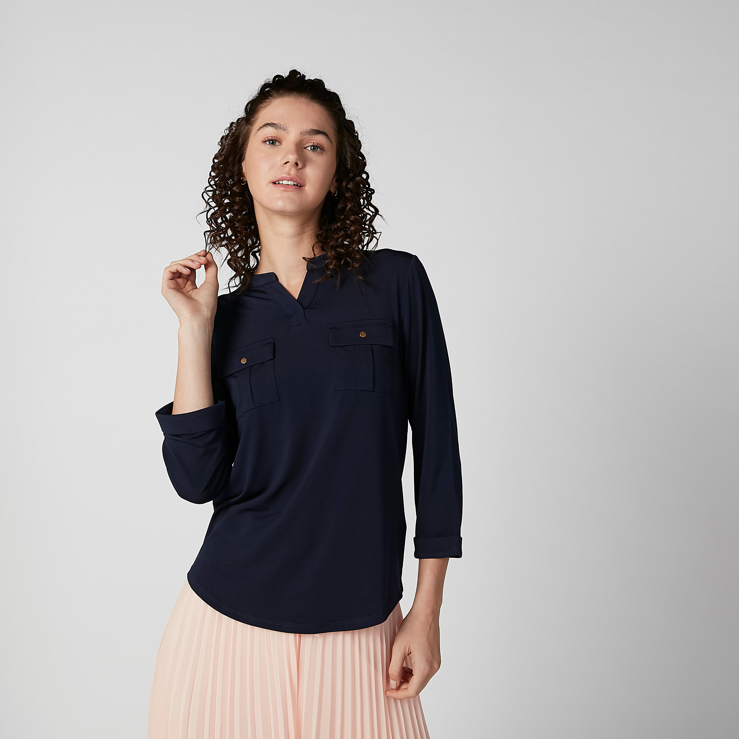 بلوزة سادة بياقة V وأكمام 3/4-women-clothing-shirtsandblouses-blouses-image-2