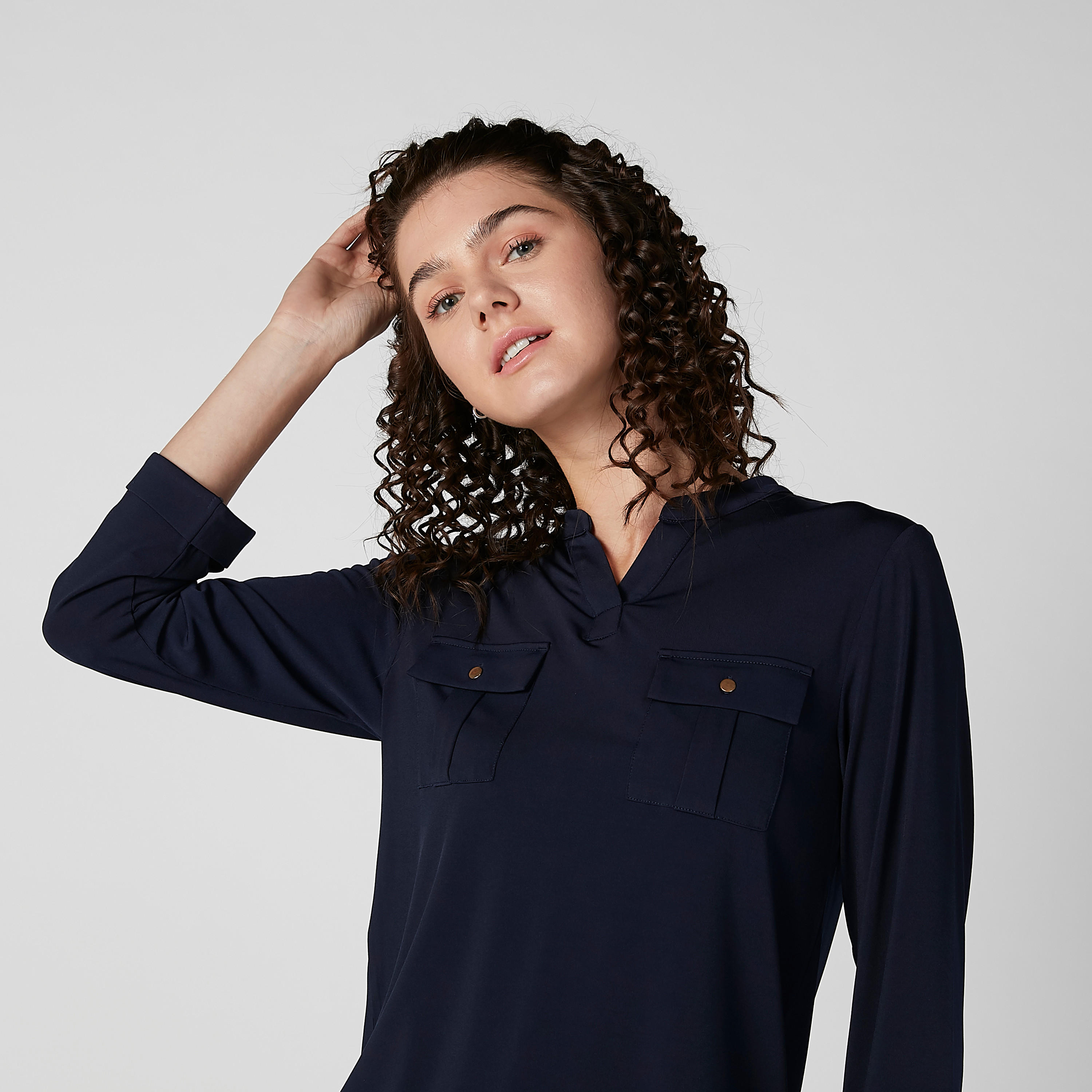 بلوزة سادة بياقة V وأكمام 3/4-women-clothing-shirtsandblouses-blouses-image-3