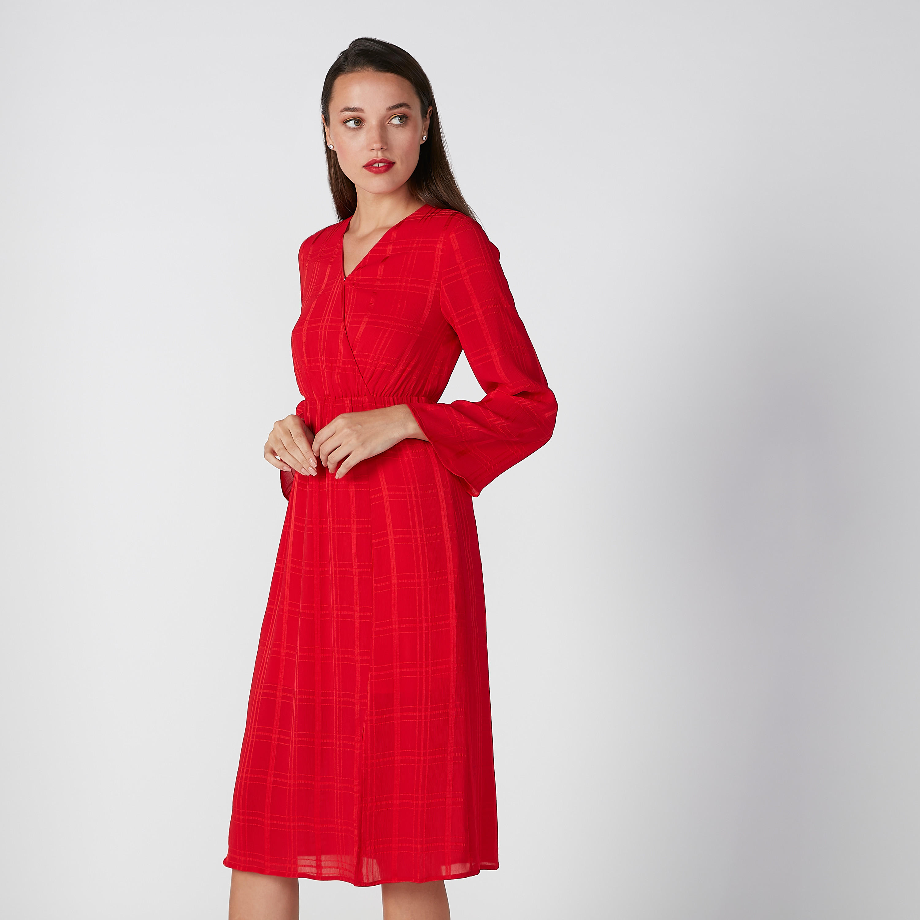 فستان إيه لاين بارز الملمس بأكمام طويلة وياقة مثلثة-women-clothing-dresses-image-1
