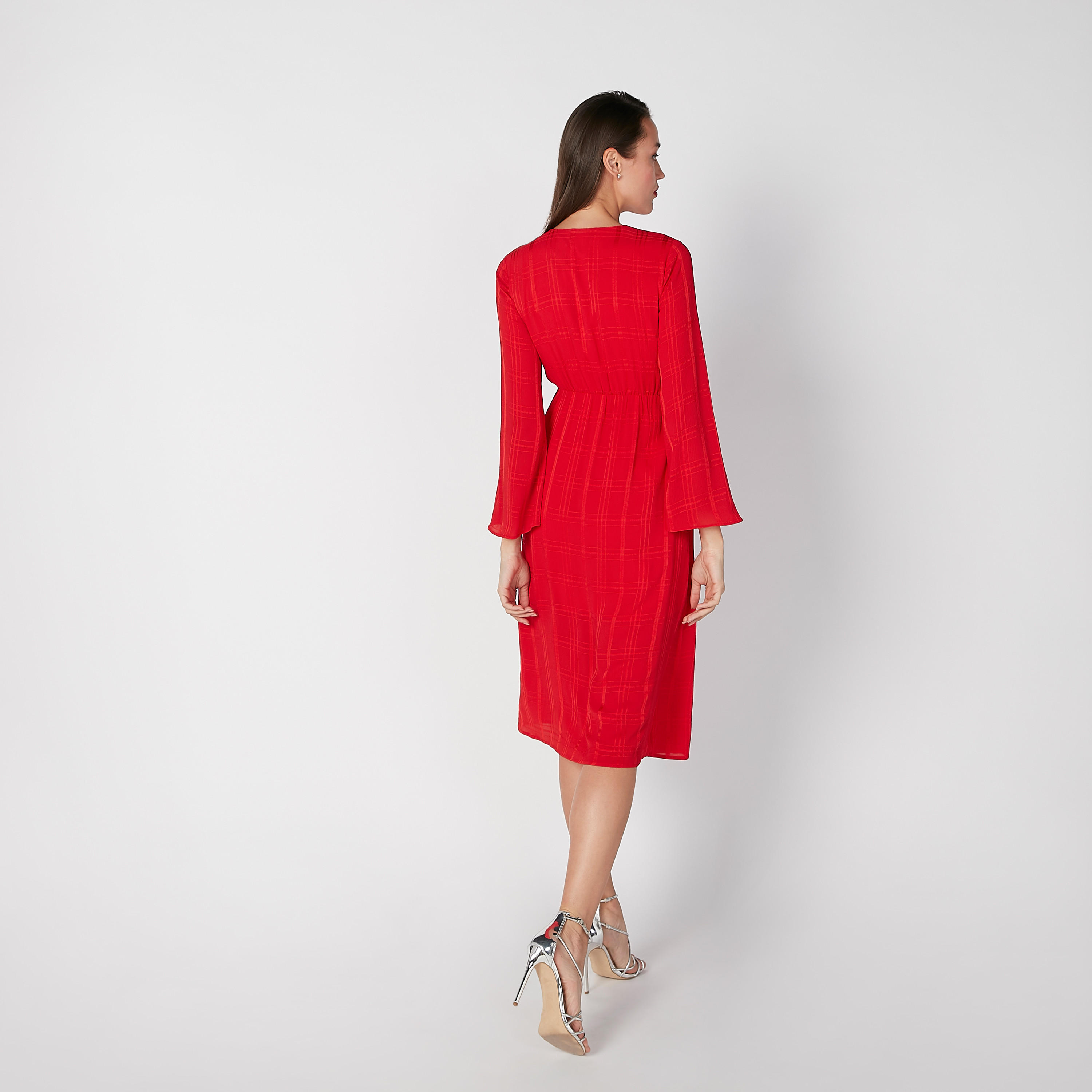 فستان إيه لاين بارز الملمس بأكمام طويلة وياقة مثلثة-women-clothing-dresses-image-2
