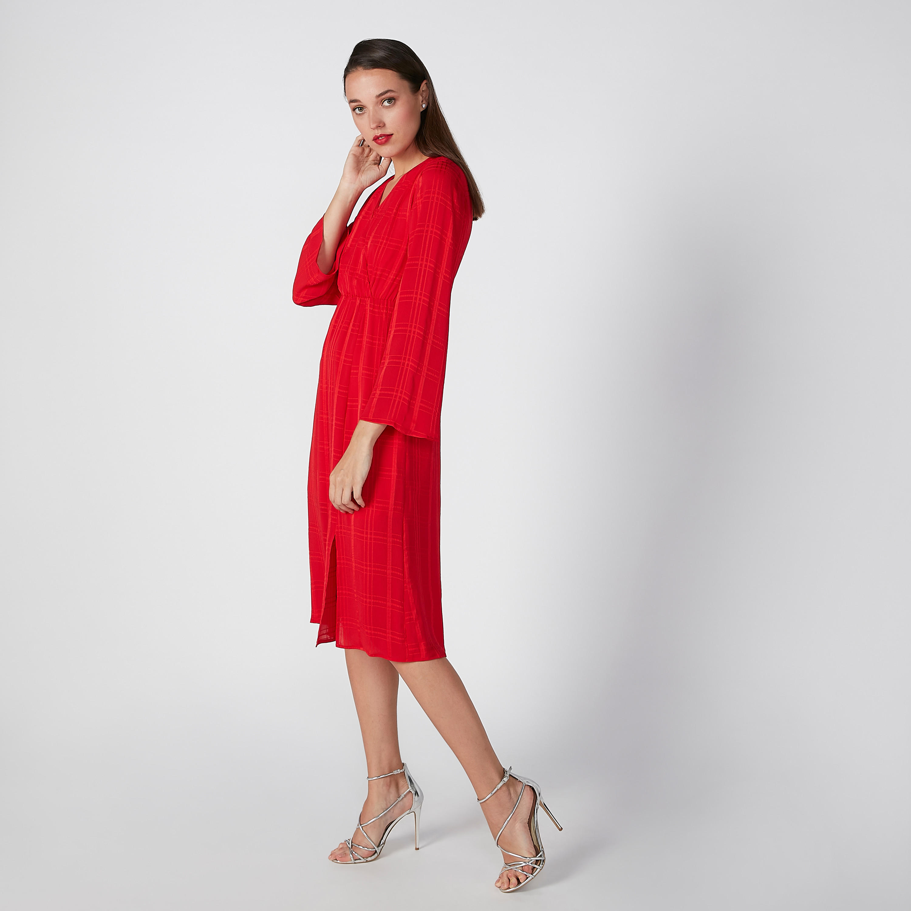 فستان إيه لاين بارز الملمس بأكمام طويلة وياقة مثلثة-women-clothing-dresses-image-3