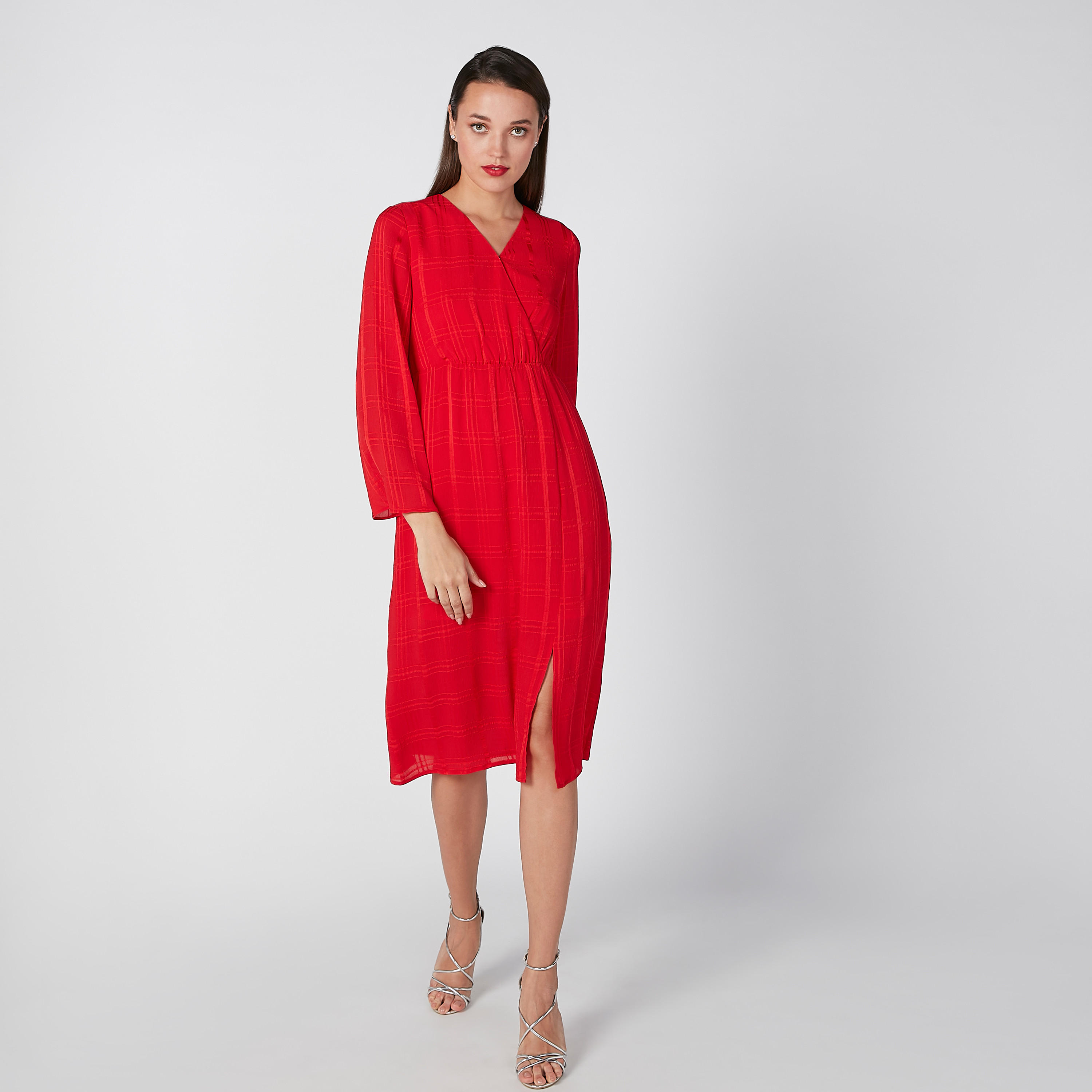 فستان إيه لاين بارز الملمس بأكمام طويلة وياقة مثلثة-women-clothing-dresses-image-4