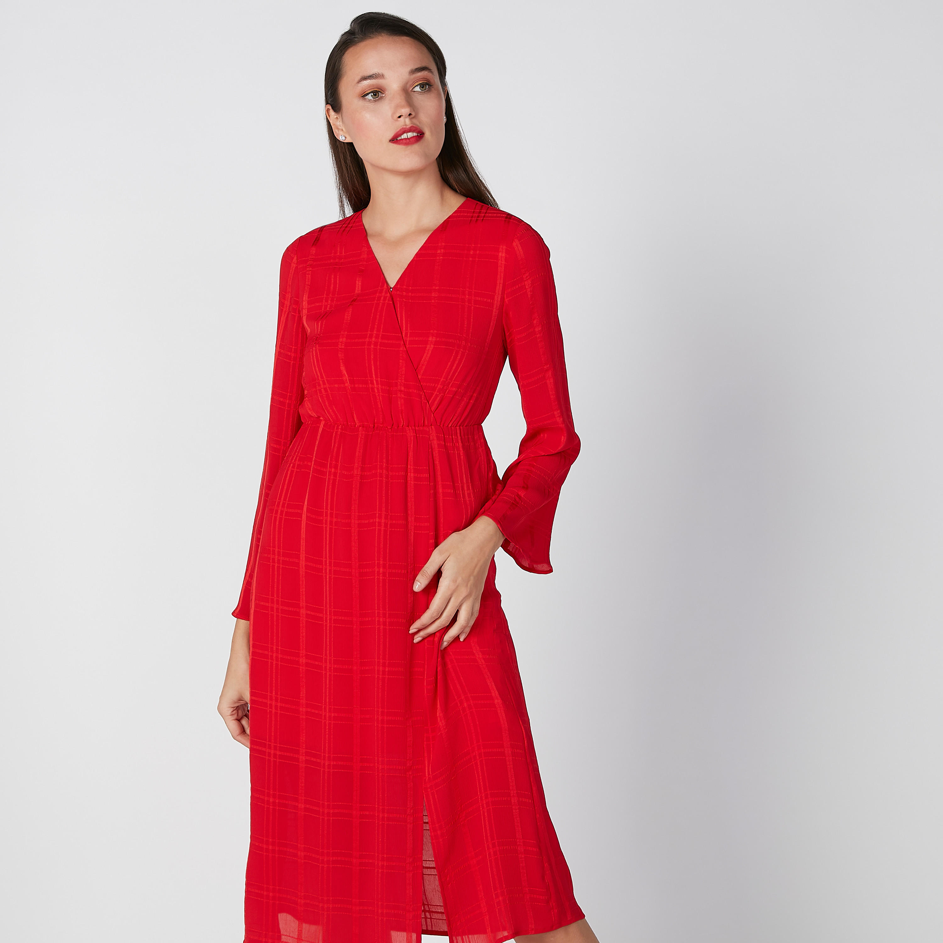 فستان إيه لاين بارز الملمس بأكمام طويلة وياقة مثلثة-women-clothing-dresses-image-5