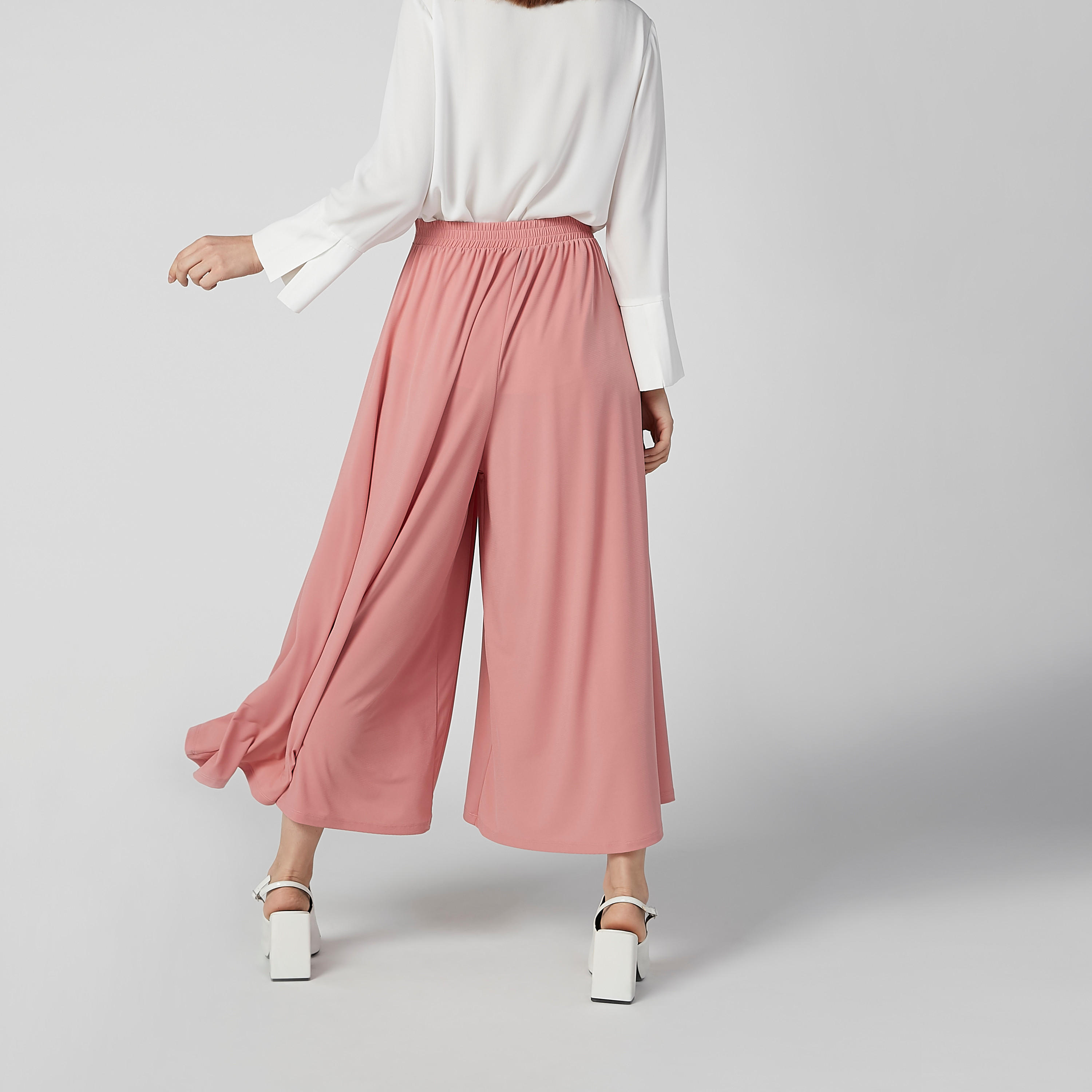 بنطلون مستدام واسع الساقين سادة بخصر مطّاطي متوسط الارتفاع-women-clothing-bottoms-trousers-image-4
