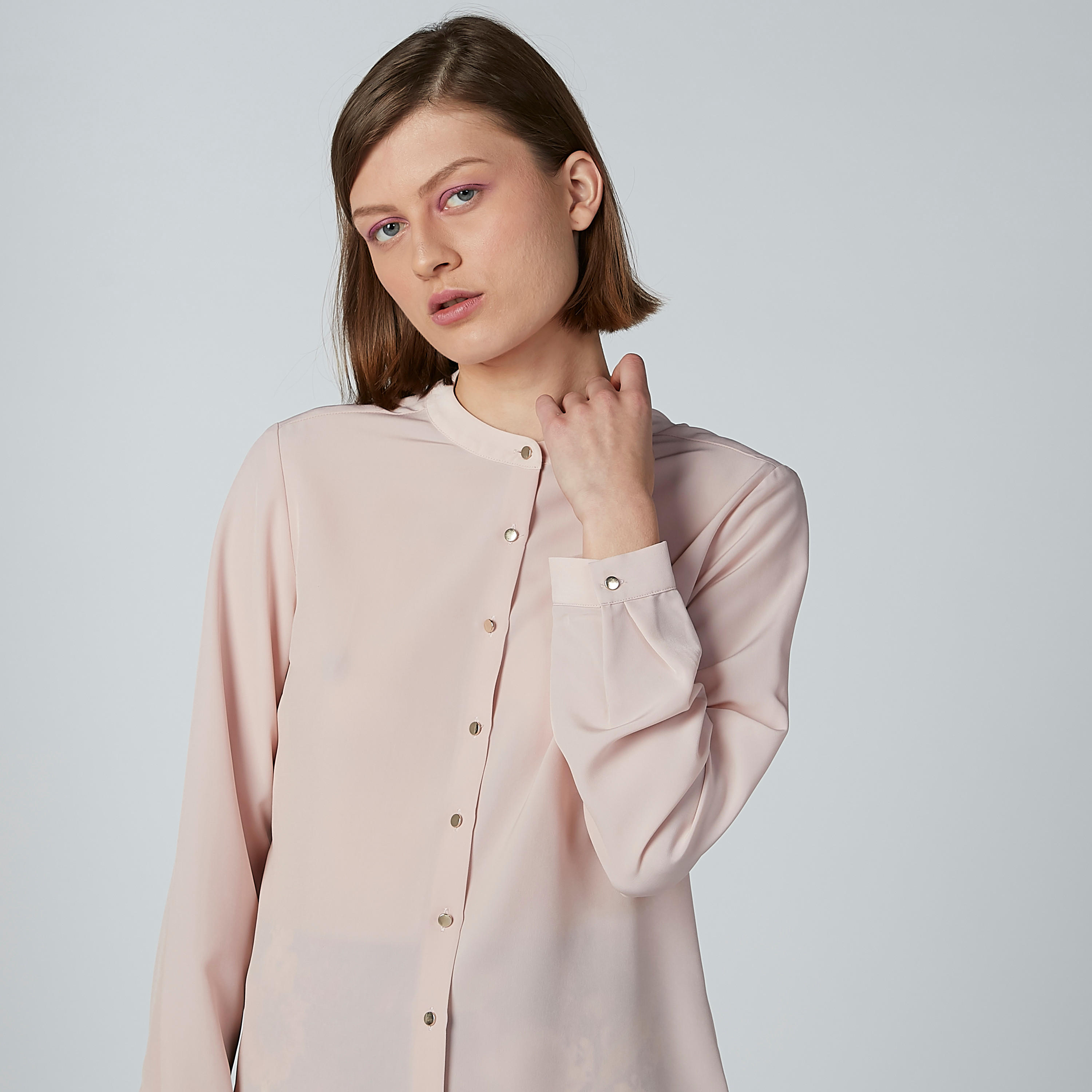 Solid Shirt with Mandarin Collar and Long Sleeves-women-clothing-shirtsandblouses-shirts-image-1