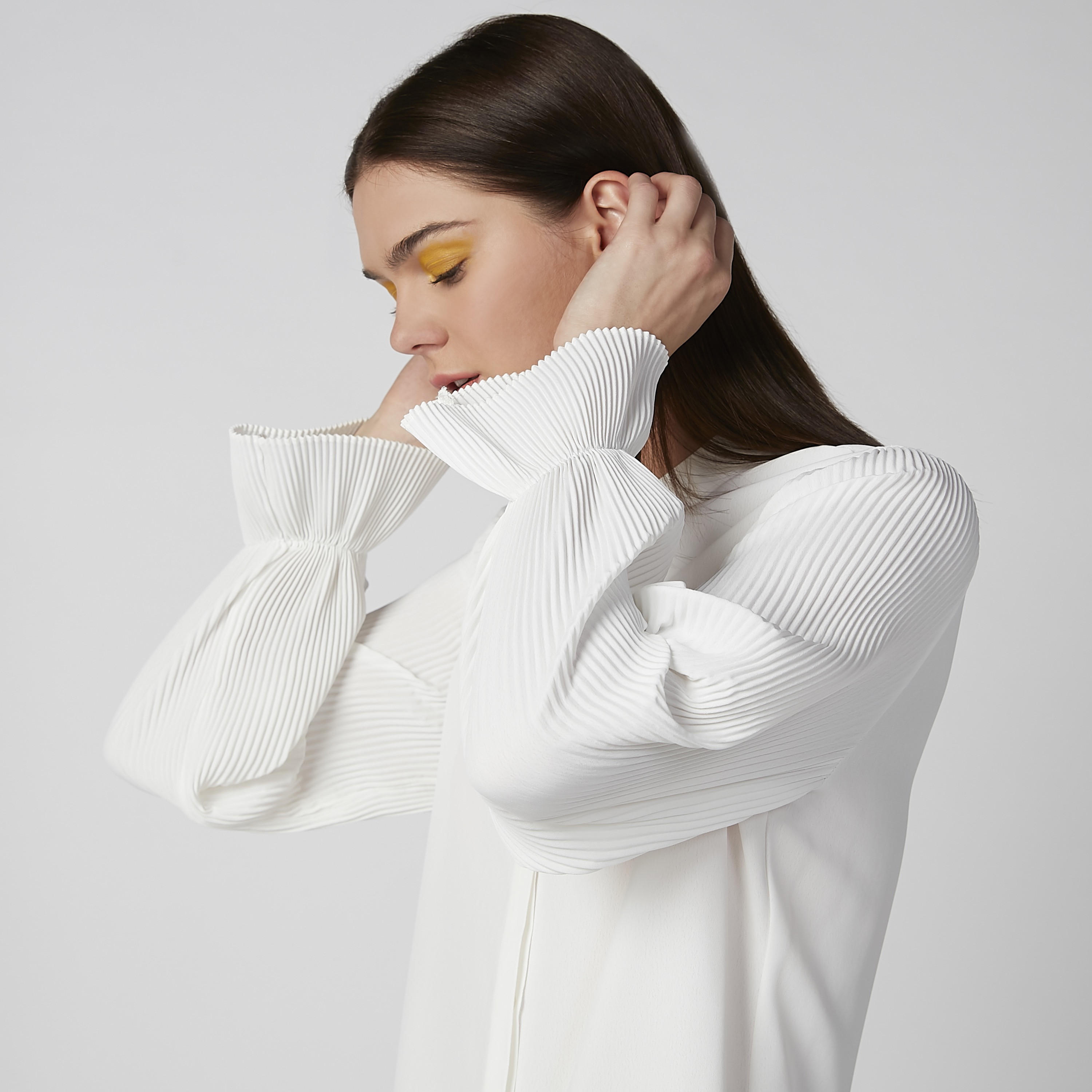 Plain Shirt with Pleated Long Sleeves and Concealed Placket-women-clothing-shirtsandblouses-shirts-image-1