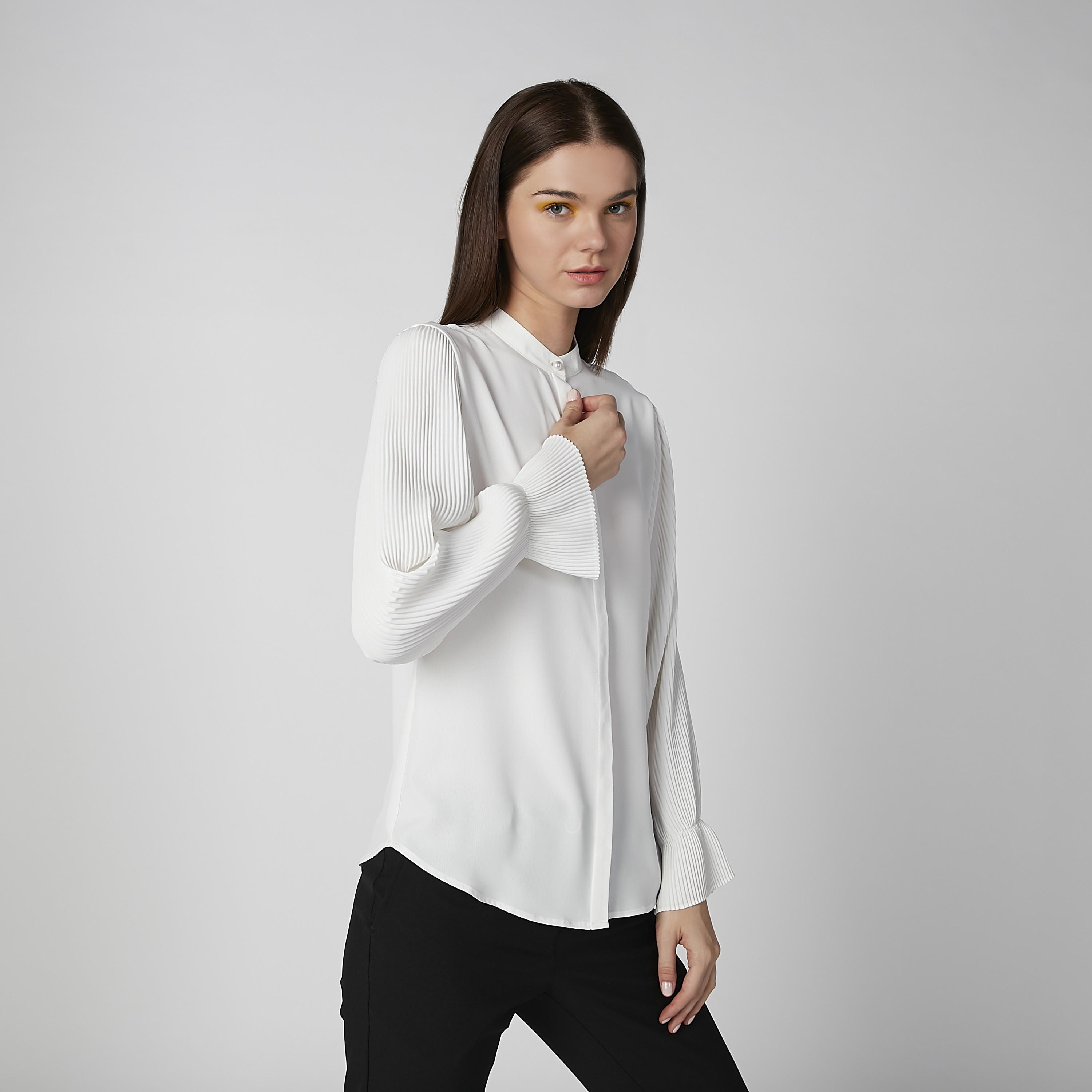 Plain Shirt with Pleated Long Sleeves and Concealed Placket-women-clothing-shirtsandblouses-shirts-image-2