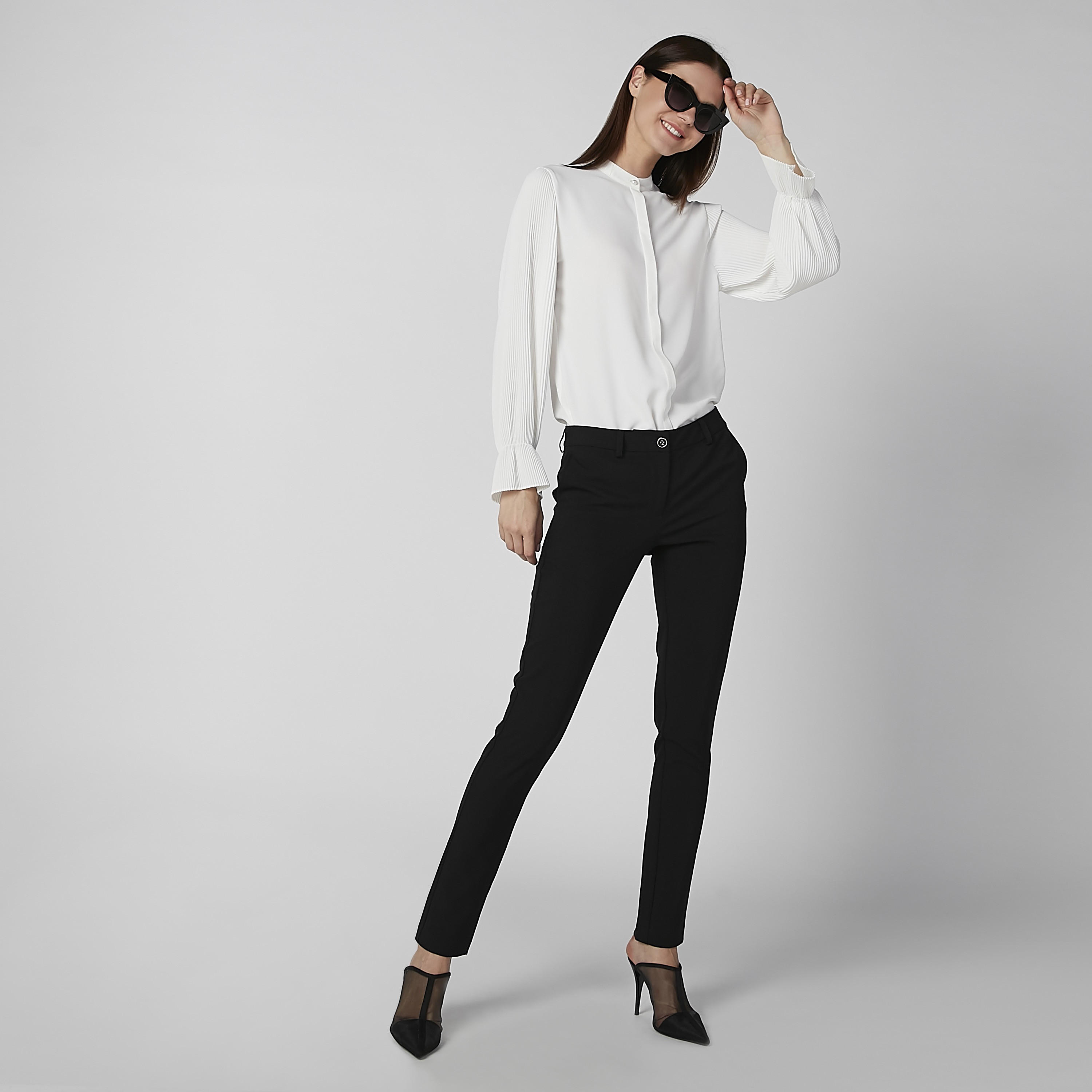Plain Shirt with Pleated Long Sleeves and Concealed Placket-women-clothing-shirtsandblouses-shirts-image-3